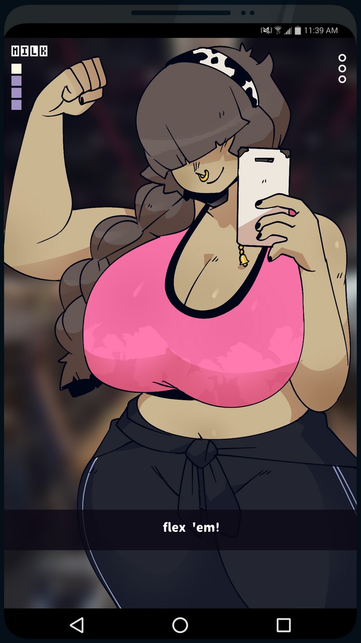 1girls black_nails breasts brown_hair dark-skinned_female dark_skin flexing gats gym hair_over_eyes headband huge_breasts long_hair milkbar_(gats) nose_ring phone pizza_thot selfie smile snapchat solo sports_bra text thick_thighs yoga_pants