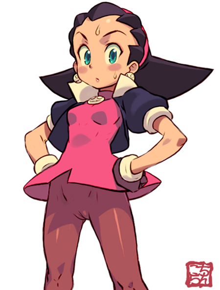 black_hair blue_eyes blush cameltoe clothed clothed_female clothing dirty earrings gloves hands_on_hips ishikawa_hideki mega_man mega_man_legends official_art official_artist pantyhose pussy solid_color_background sweat tron_bonne