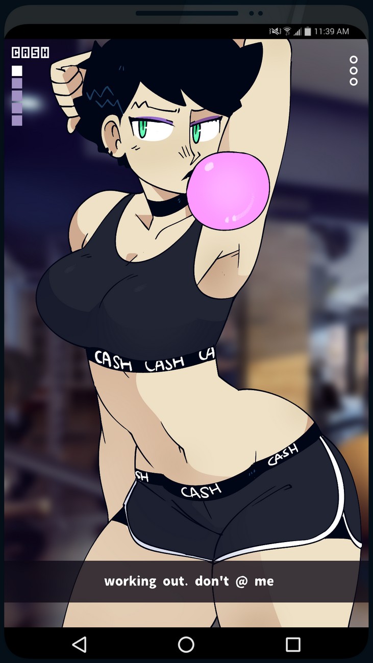 1girls, black hair, booty shorts, breasts, bubble gum, cash money (gats), choker, ear piercing, female, female only, gats, green eyes, gym, phone, pizza thot, short hair, snapchat, solo, sports bra, text, white skin