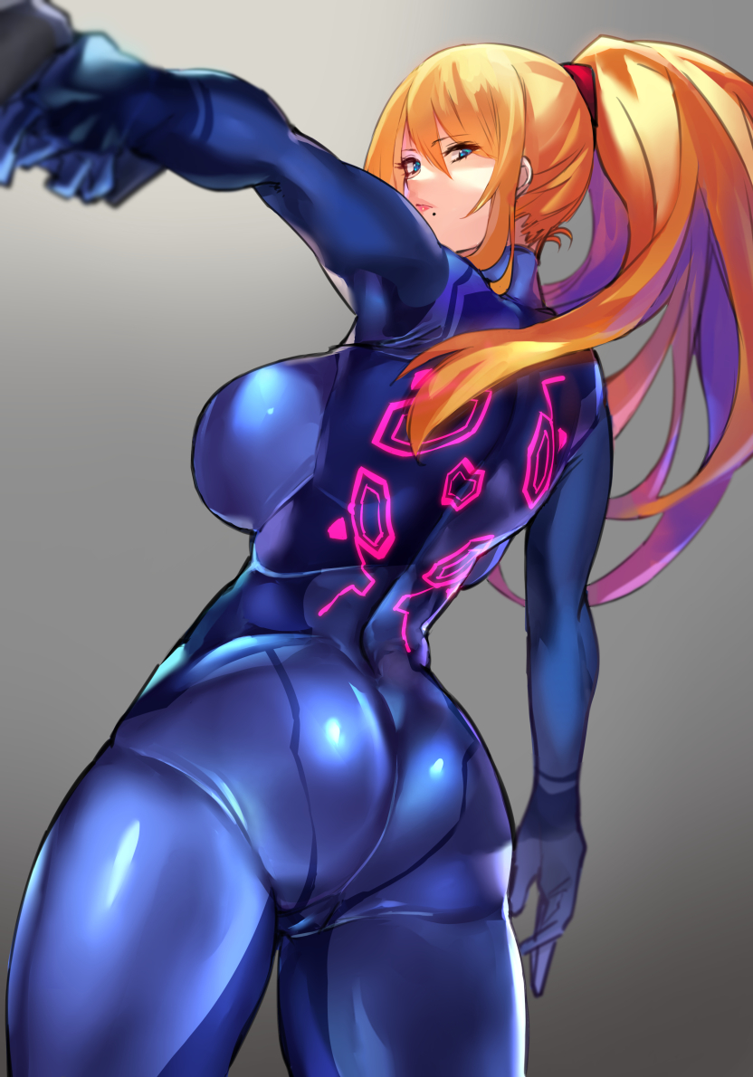 1girls ass back_view blonde_hair blue_eyes bodysuit breasts cameltoe female female_only glowing_markings gradient_background gray_background long_hair looking_at_viewer looking_back metroid mole_under_mouth negresco nintendo ponytail samus_aran sideboob solo solo_female thick_thighs white_background zero_suit_samus