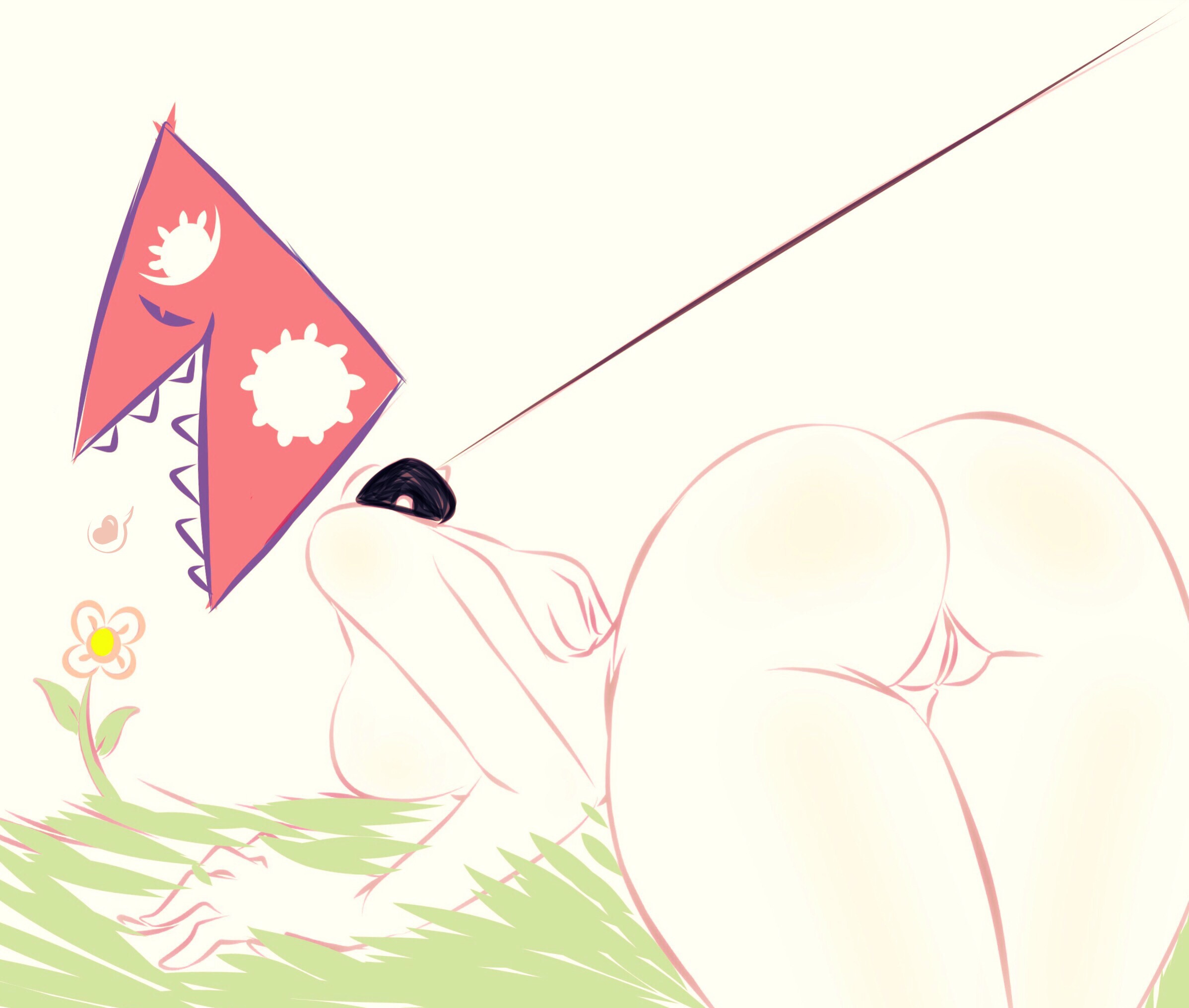 1girls, back view, breasts, collar, countryhumans, countryhumans girl, female, female only, flag, flawsy, flower, humanoid, humanoidized, leash, leash pull, looking at flower, nepal (countryhumans), nude, outdoors, outside, pale skin, personification, pussy, sharp teeth, solo, thick thighs, thigh gap