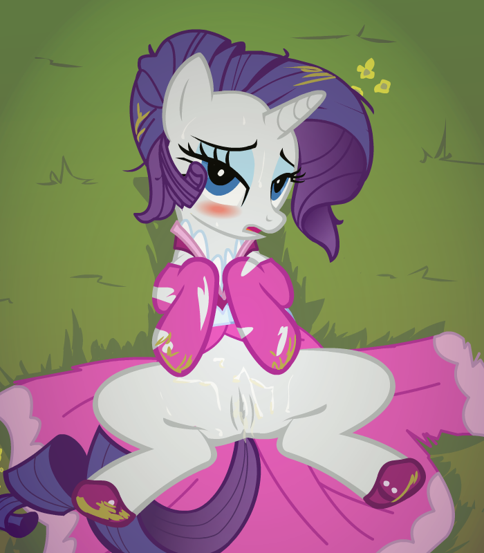 accurate_art_style blush clothed clothing dress equid equine female feral friendship_is_magic genitals horn kajio looking_at_viewer lying mammal my_little_pony on_back pussy rarity_(mlp) solo unicorn