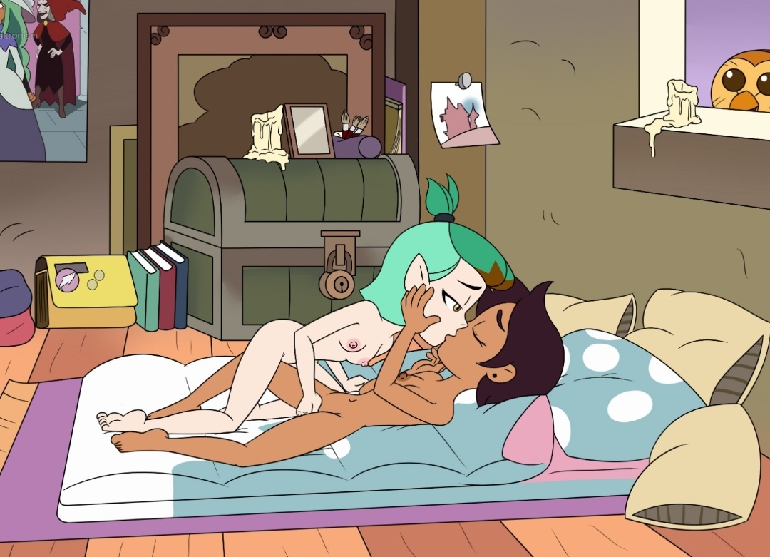 2girls, accurate art style, amity blight, bedroll, bottom, brown hair, canon couple, dark skin, disney, disney channel, dominican, female, female only, fingering, fingering partner, green hair, hispanic, human, humanoid, kissing, latina, lesbian, luz noceda, manual, multiple females, multiple girls, nipples, pale skin, sleeping bag, straight hair, the owl house, witch, yuri