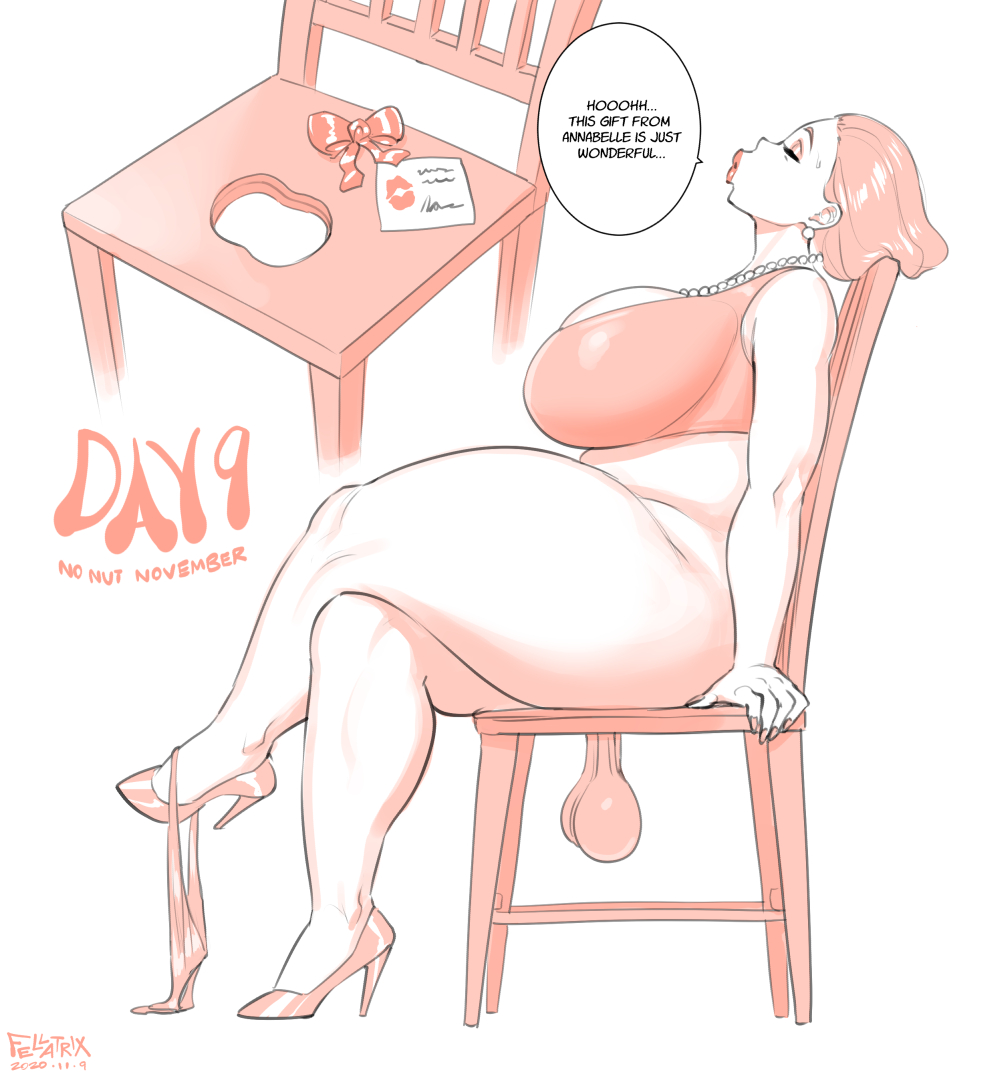 1futa, ass, balls, ballsack, big balls, big testicles, bottomless, breasts, chair, chubby, cleavage, dangling balls, dangling testicles, fellatrix, female, futa only, futa sans pussy, futanari, heels, huge ass, huge balls, huge breasts, intersex, karen (fellatrix), low hanging balls, mature, mature futa, milf, monochrome, no nut november, panties around leg, sagging balls, scrotum, side view, simple background, sitting, solo, solo futa, speech bubble, sweatdrop, testicles, text, thick thighs, white background, wide hips