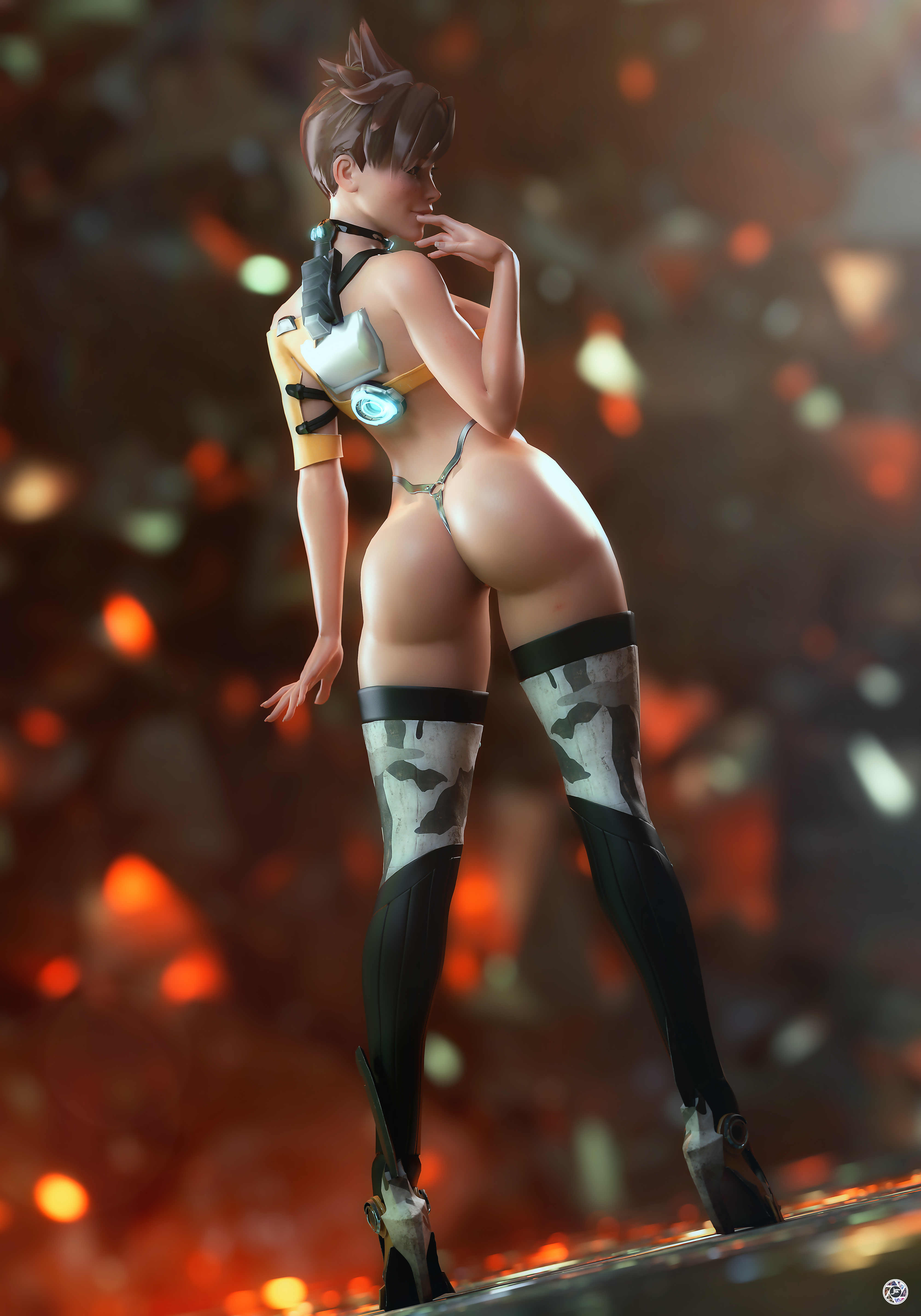 1girls, 3d, 3d (artwork), ass, blizzard entertainment, blush, blushing, boots, brown hair, chronal accelerator, female, french nails, g-string, high heel boots, noahgraphicz, o-ring, overwatch, pinup, short hair, solo, thong, toned, toned female, tracer