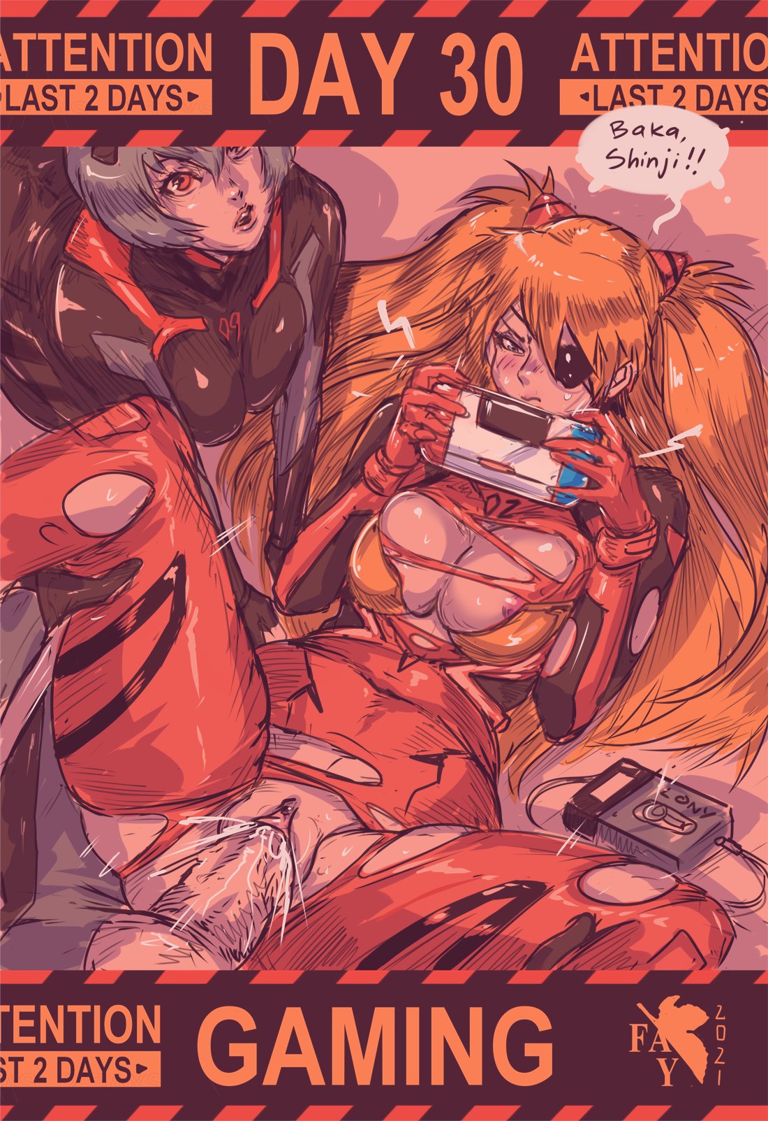 1boy, 2girls, asuka langley sohryu, big breasts, big penis, blush, breasts, clothed sex, clothing, eye patch, eyepatch, faymantra, female, handheld game console, holding leg, huge breasts, huge cock, large breasts, male, neon genesis evangelion, nintendo switch, penis, plugsuit, pussy, rebuild of evangelion, rei ayanami, shinji ikari, squirting, text, torn clothes, vaginal juices, vaginal penetration, walkman