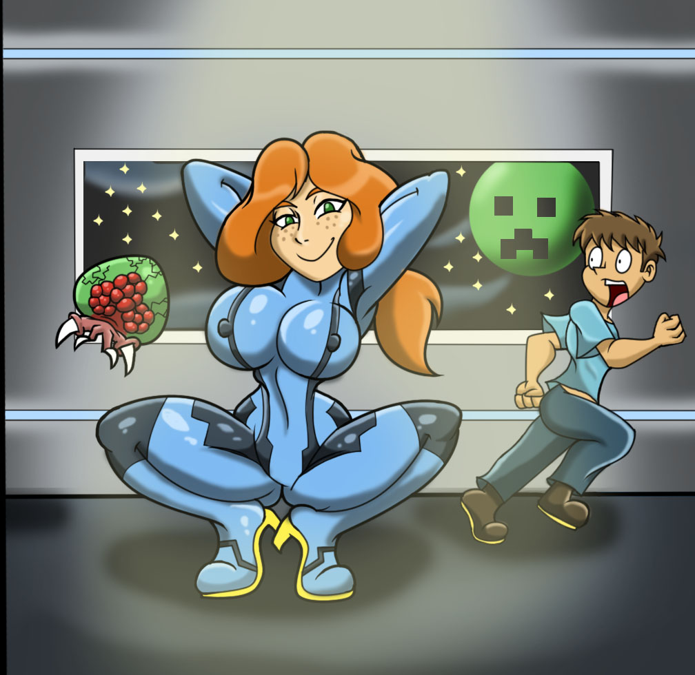 1boy 1girls alex_(minecraft) cosplay crouching freckles green_eyes hands_behind_head high_heels metroid metroid_(creature) minecraft nintendo nipples_visible_through_clothing presenting samus_aran_(cosplay) size11shaolins squatting steve_(minecraft) super_smash_bros. super_smash_bros._ultimate tight_clothing zero_suit