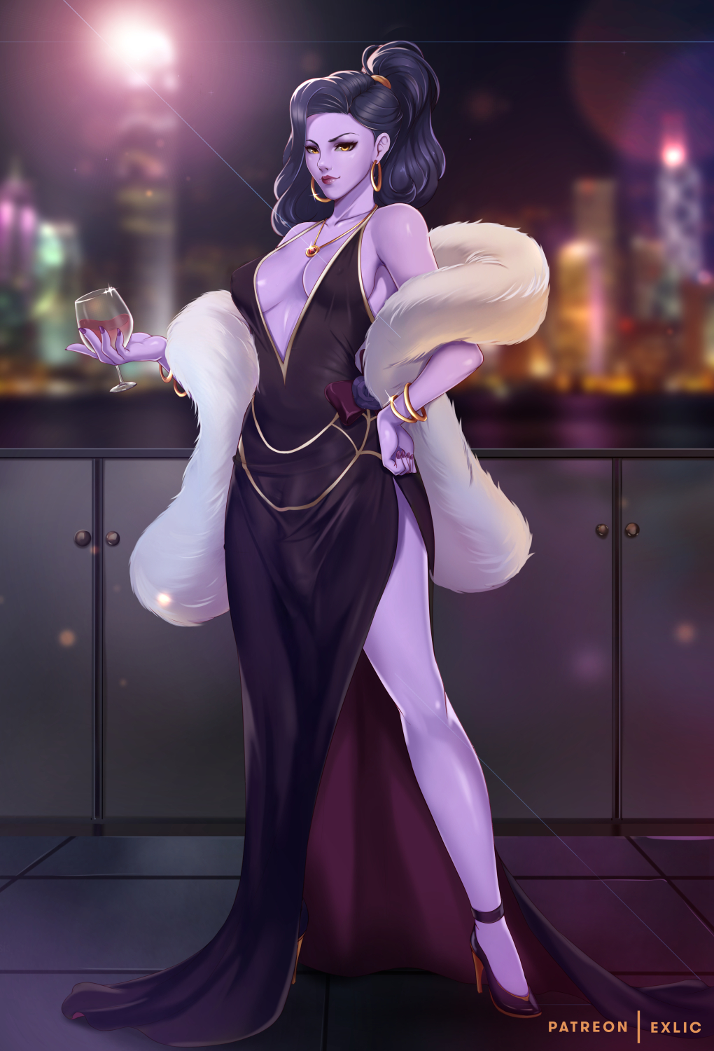 1futa, 2021, 2d, 2d (artwork), amber eyes, artist name, black hair, breasts, bulge, cityscape, cleavage, clothed, clothed futa, clothing, detailed background, dickgirl, dress, exlic, flaccid, fully clothed, futa only, futanari, high heels, intersex, looking at viewer, night, no sex, overwatch, patreon, penis, penis under clothes, ponytail, purple skin, purple-skinned female, solo, solo futa, standing, widowmaker, wine, wine glass