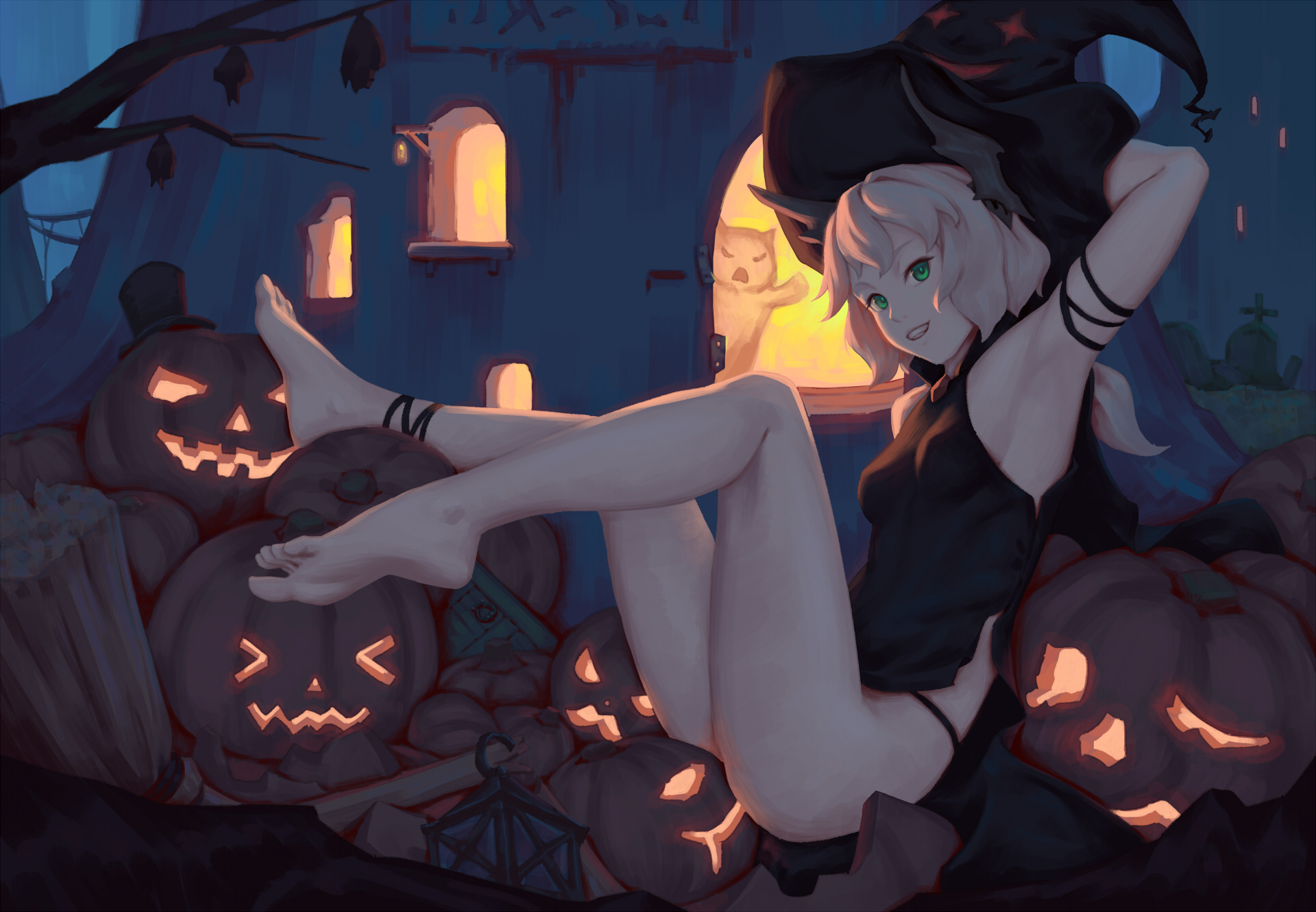 antica (bigrbear), barefoot, bigrbear, blonde hair, breasts, dress, feet, female, green eyes, original, painting (artwork), panties, short hair, slim, small breasts, tied hair