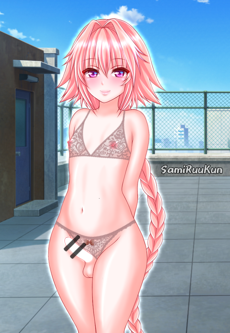 1boy astolfo_(fate) bikini braid fate_(series) femboy male male_only penis pink_eyes pink_hair samiruukun solo