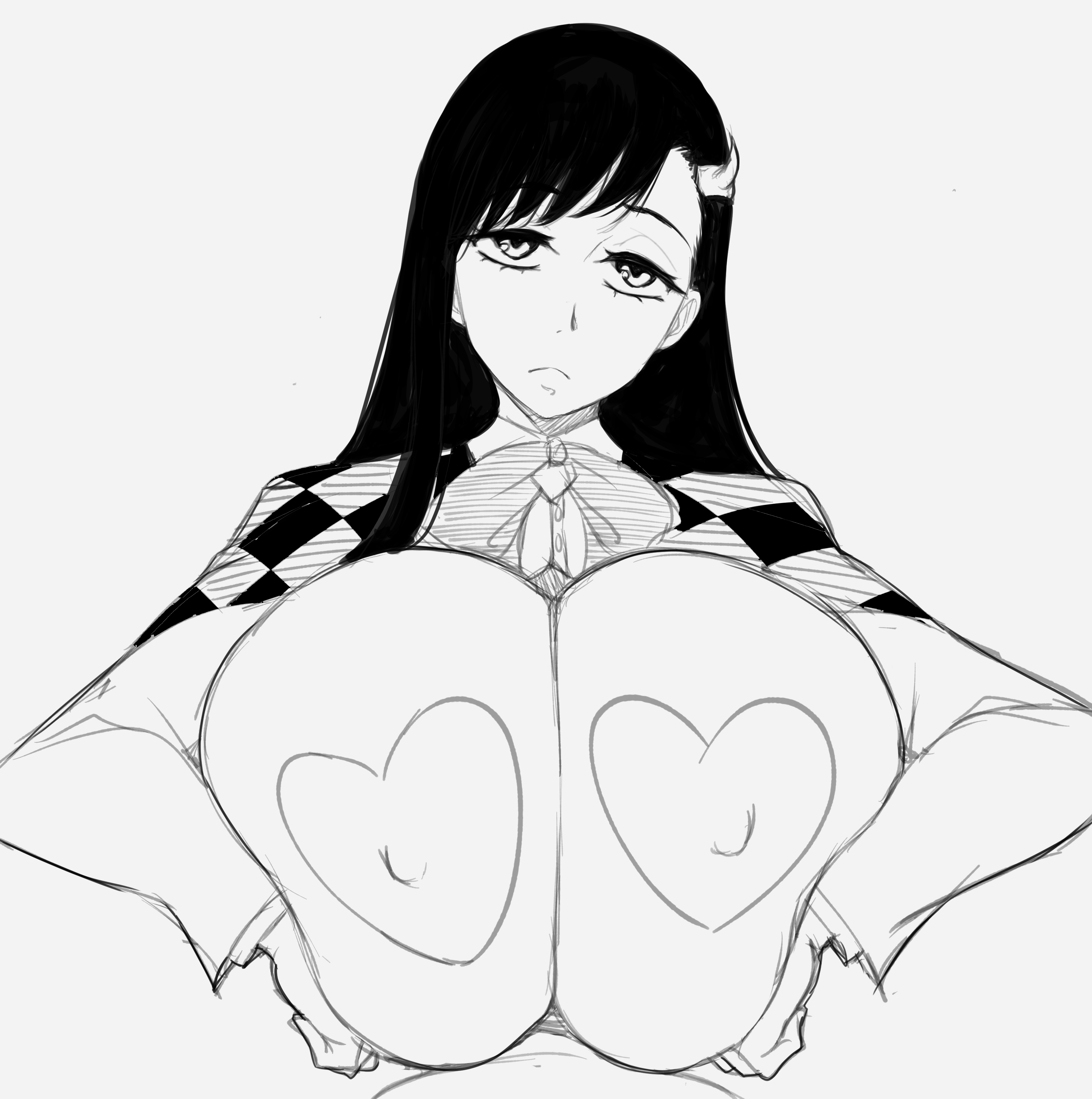 1boy, black eyes, black hair, bleach, breasts, burn the witch, covered nipples, expressionless, favorite, female, hair ornament, huge breasts, long hair, looking at viewer, male, monochrome, noel niihashi, paizuri, pov, thanuki, thanukiart