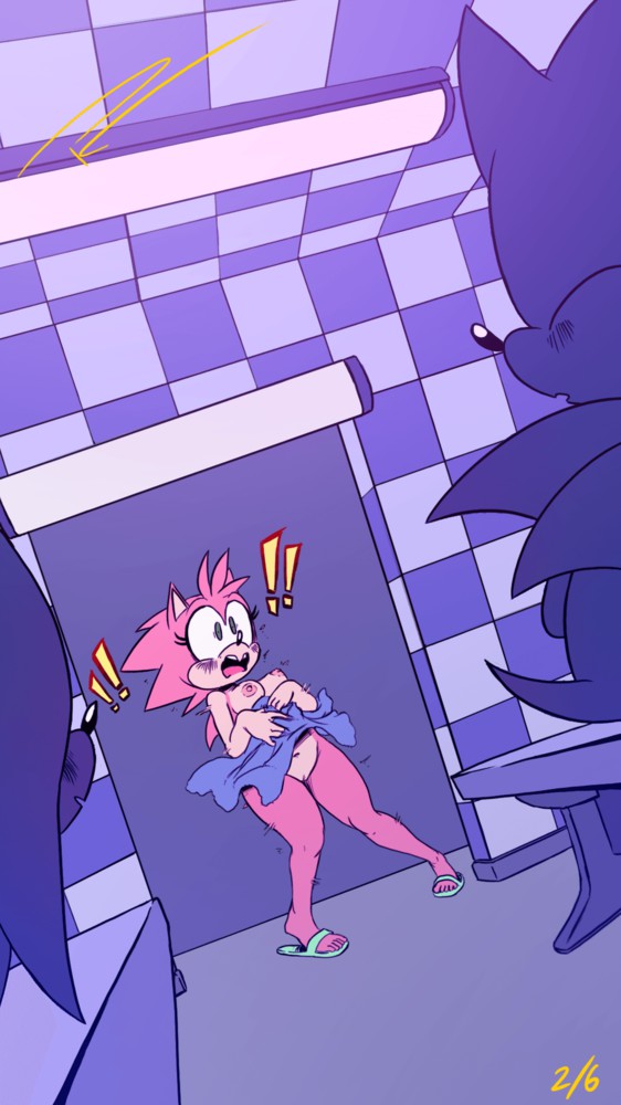 accidental exposure, amy rose, ass, breasts, classic amy rose, embarrassed, embarrassed nude female, enf, fakeryway, female, knuckles the echidna, naked, nipples, pleasure castle, purple theme, sega, sonic (series), sonic the hedgehog, sonic the hedgehog (series), towel, towel slip, wardrobe malfunction