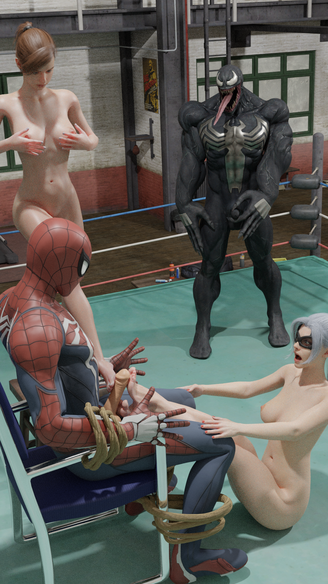 2boys, 2girls, 3d, big penis, black cat (insomniac), black cat (marvel), blender, bobbyboy321, boxing ring, breasts, cheating, cheating girlfriend, cheating wife, clothed male nude female, collaborative footjob, commission, completely naked, completely nude, cuckold, erection, felicia hardy, female, foot fetish, foot play, foot worship, footbang, footjob, grainy render, gym, holding penis, human, insomniac games, male, marvel, marvel comics, mary jane watson, mary jane watson (insomniac), mouth open, multiple boys, multiple females, multiple girls, multiple males, multiple penises, nude, nude female, penis, penis out, penis size difference, peter parker, rubbing breasts, sharp fingernails, small penis, spider-man, spider-man (insomniac), spider-man (ps4), spider-man (series), straight, symbiote, teasing, threesome, tied to chair, tongue, tongue out, venom (marvel), watching
