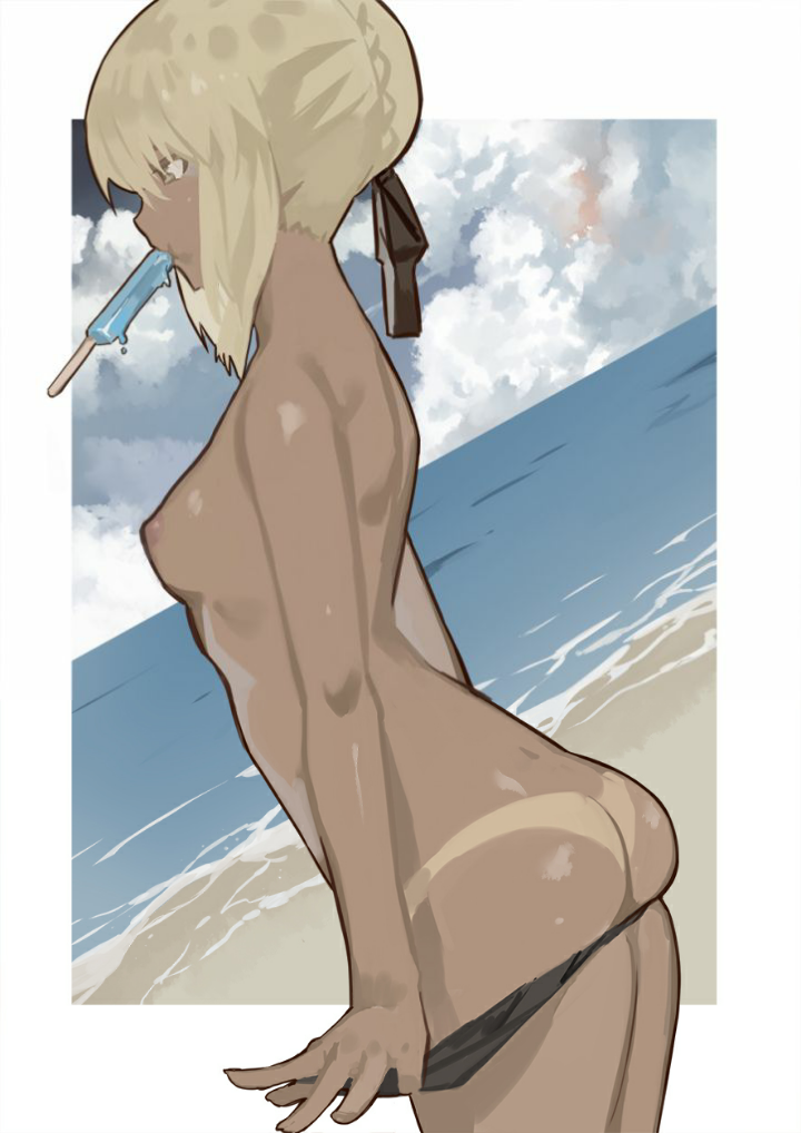 1girls artoria_pendragon artoria_pendragon_(alter) beach bikini bikini_bottom_pull blonde_hair cloud clouds club3 dark_skin fate/grand_order fate_(series) female female_only hair_ribbon ice_pop icicle_pop nanaya_(daaijianglin) nipples sand short_hair sky solo tan tan_body tan_skin tanline tanned third-party_edit topless water yellow_eyes