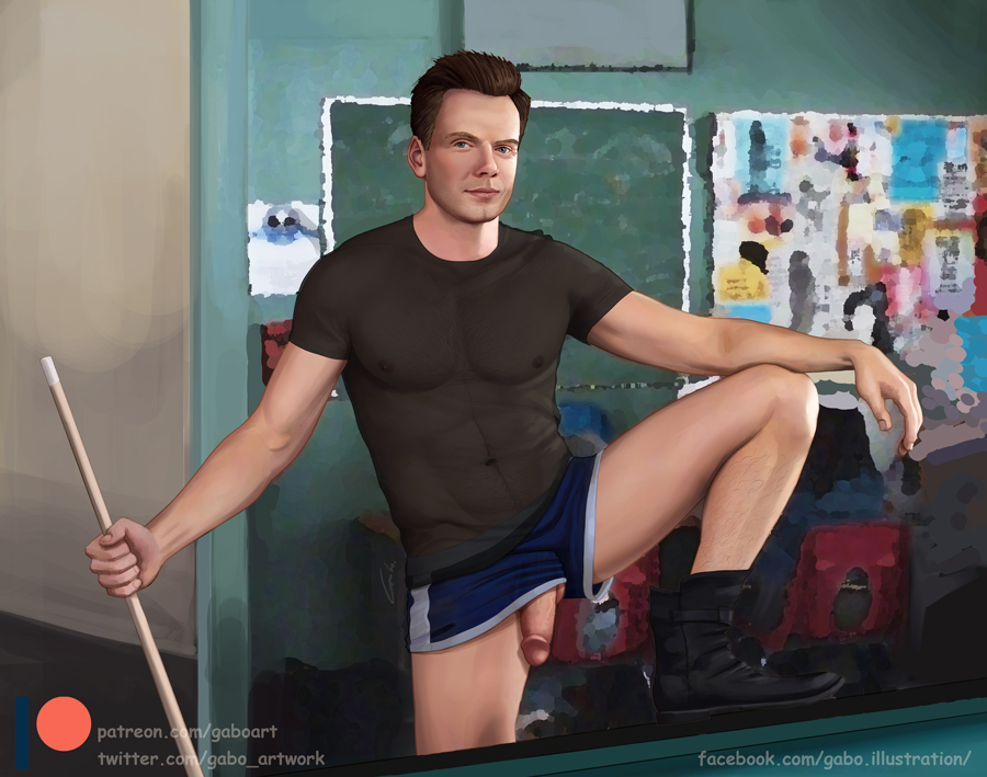 1boy ball_out blue_eyes brown_hair bulletin_board celebrity chalkboard circumcised community dick_out erect_nipples_under_clothes exposed_penis gabo_artist jeff_winger joel_mchale leg_up male male_only nipples_visible_through_clothing penis_under_clothes pool_cue pool_table presenting_penis realistic shorts_aside solo solo_male transparent_clothing