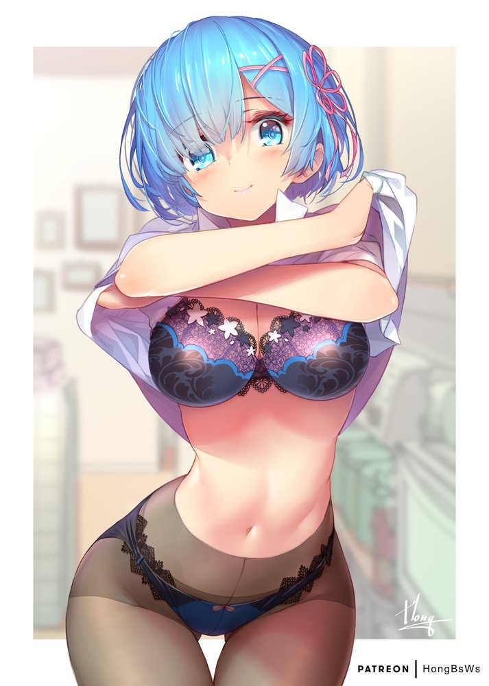blue eyes, blue hair, bra, female, hong (white spider), looking at viewer, panties, pantyhose, re:zero kara hajimeru isekai seikatsu, rem (re:zero), solo, undressing