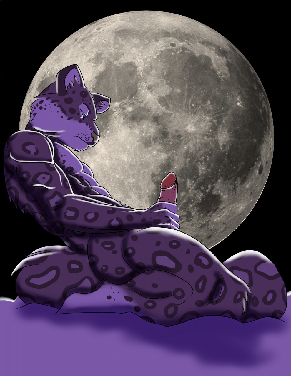 anthro clownboy1 felid fluffy full_moon genitals hi_res male male_only mammal masturbation moon muscular night pantherine penis sky snow snow_leopard solo winter