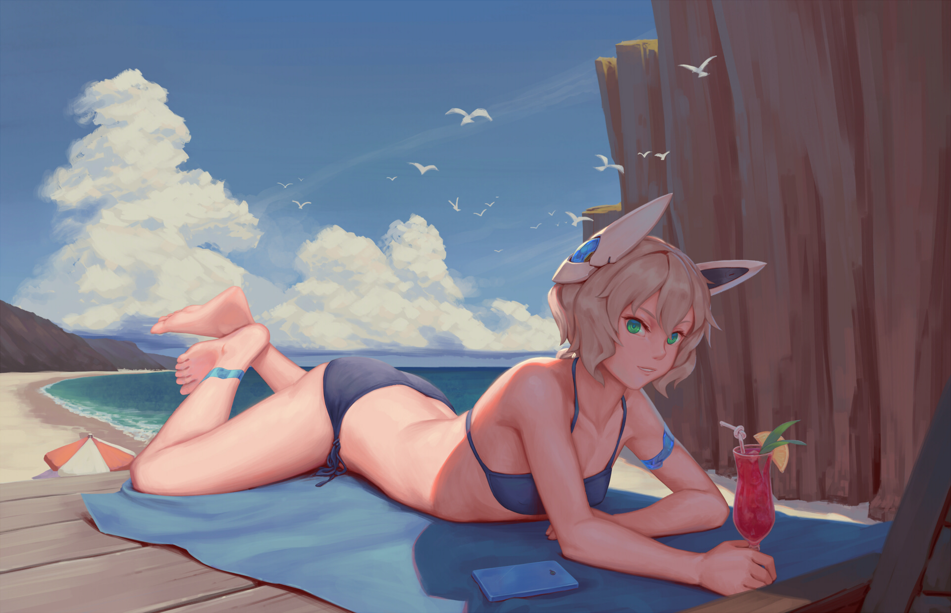android, antica (bigrbear), bigrbear, bikini, blonde hair, breasts, detailed background, female, female only, green eyes, original, painting (artwork), short hair, slim, small breasts, tied hair