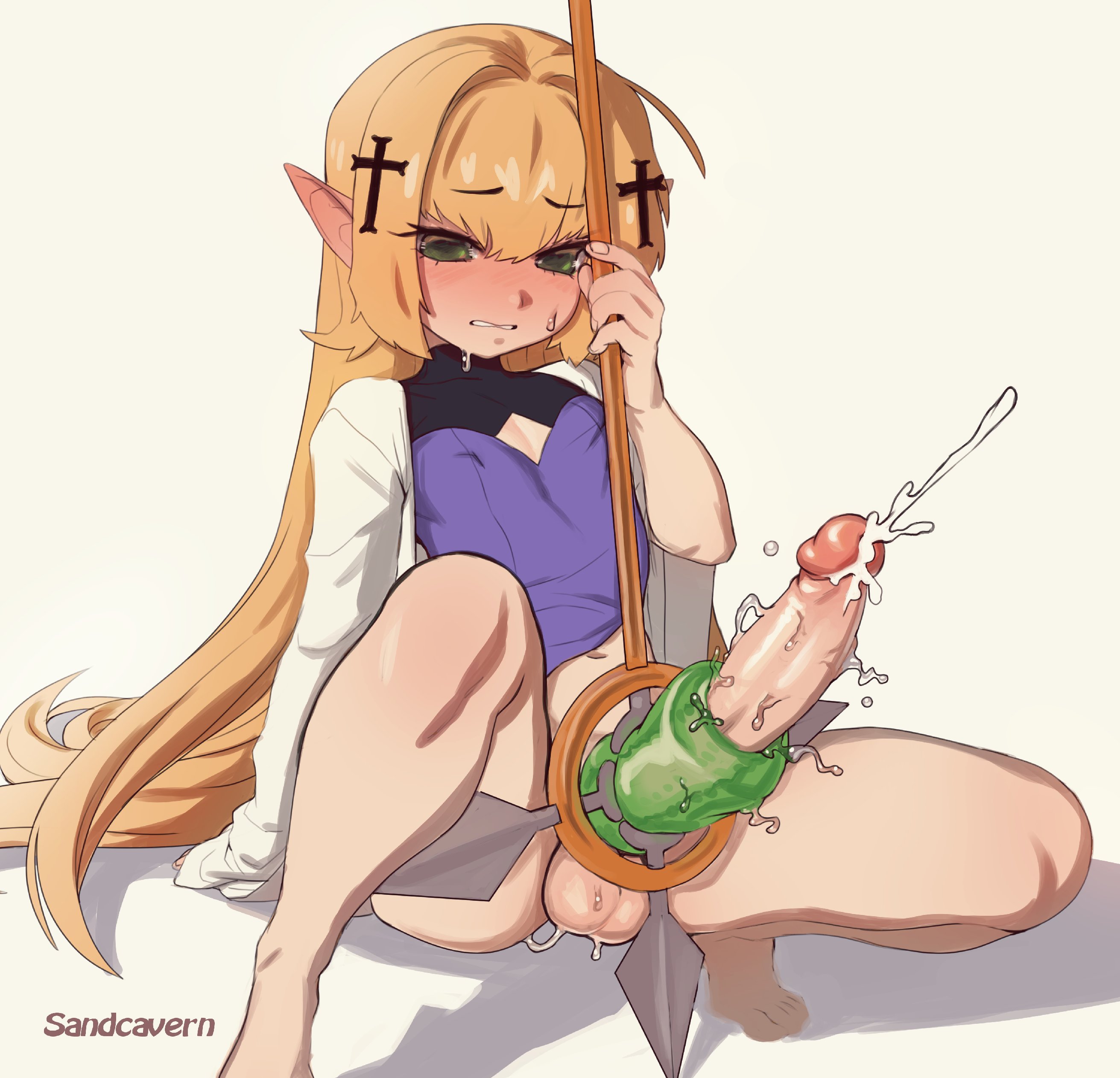 1futa, blonde hair, bottomless, cum, ejaculation, elf, erection, feet, futa only, futanari, green eyes, huge cock, illydia (edgy weeaboo), intersex, large penis, long hair, male, male focus, onahole, penis, pointy ears, sandcavern, sex toy, small but hung, staff