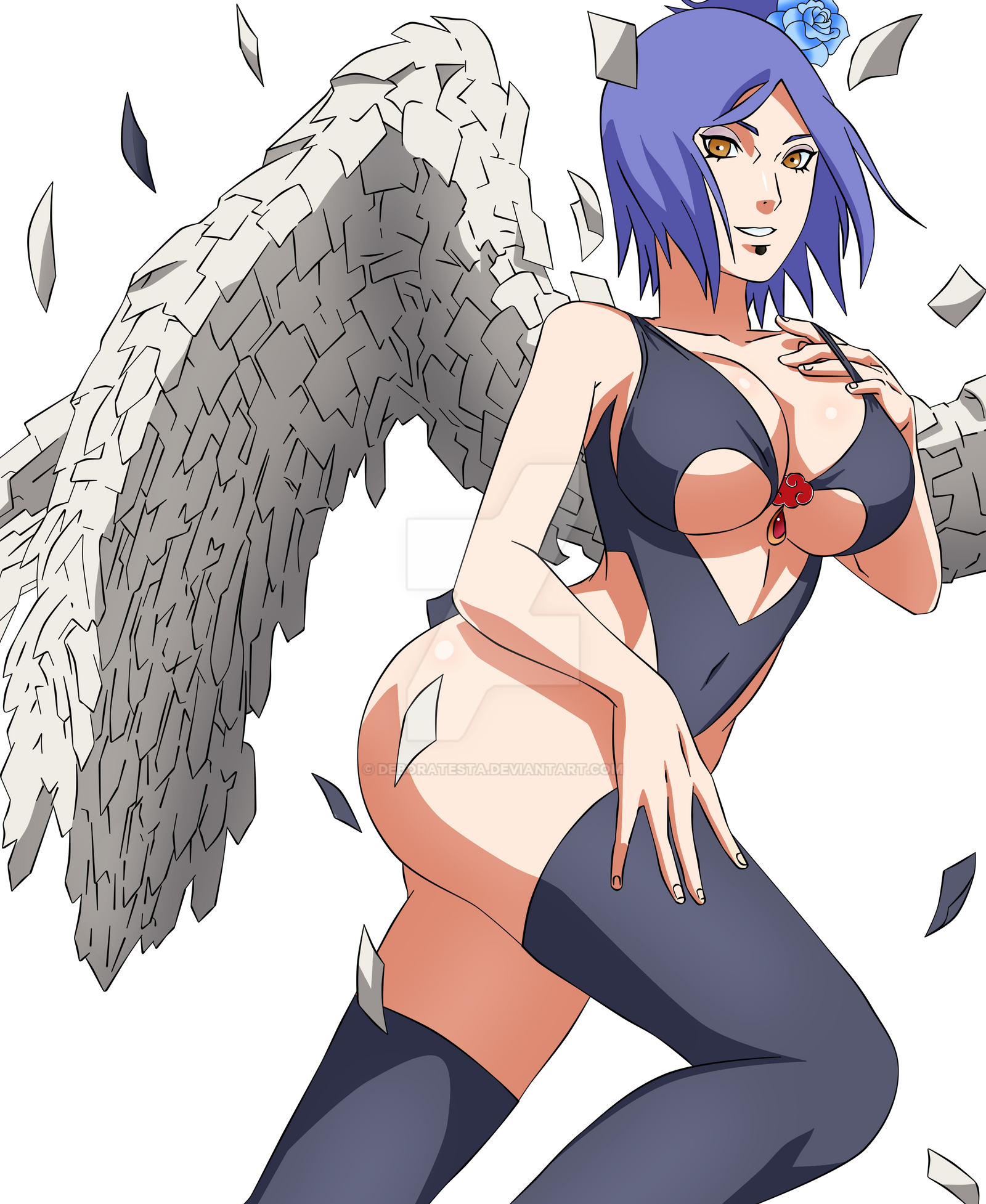 1girls, akatsuki (naruto), angel wings, big breasts, blue hair, breasts, cleavage, cleavage cutout, collarbone, cutout, deboratesta, deviantart, eyeliner, eyeshadow, facial piercing, female, female only, flower, hair flower, hair ornament, konan, large breasts, leotard, makeup, naruto, naruto (series), naruto shippuden, orange eyes, paper, piercing, side bun, smile, solo, stockings, tied hair, watermark, wings