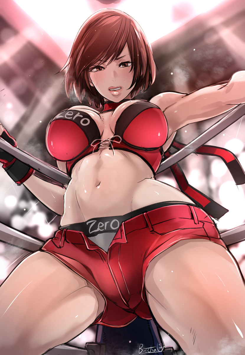 brown_hair butcha-u eroquis female female_only looking_at_viewer partially_clothed red_shorts reiko_hinomoto rumble_roses short_hair solo_focus wrestling wrestling_ring