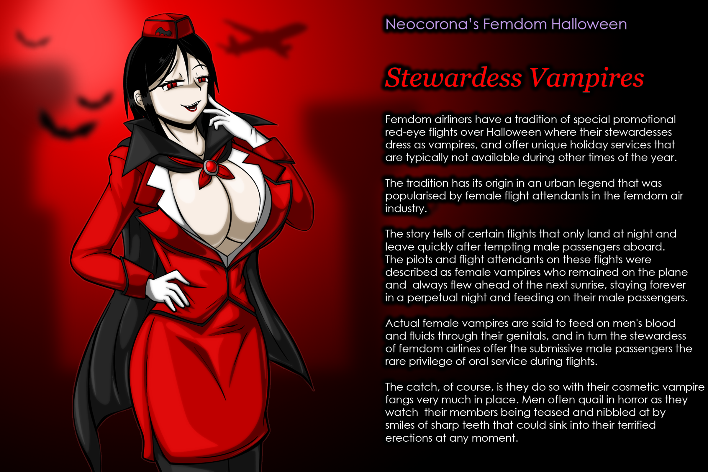 1girls, ascot, business suit, cleavage, cleavage cutout, dark hair, english text, fangs, female, femdom, femdom caption, flight attendant, gloves, halloween, halloween costume, light skin, light-skinned female, long hair, miniskirt, neocorona, pale skin, pale-skinned female, pencil skirt, red eyes, skirt, solo, solo female, stewardess, suit, tagme, text focus, uniform, vampire, vampire costume