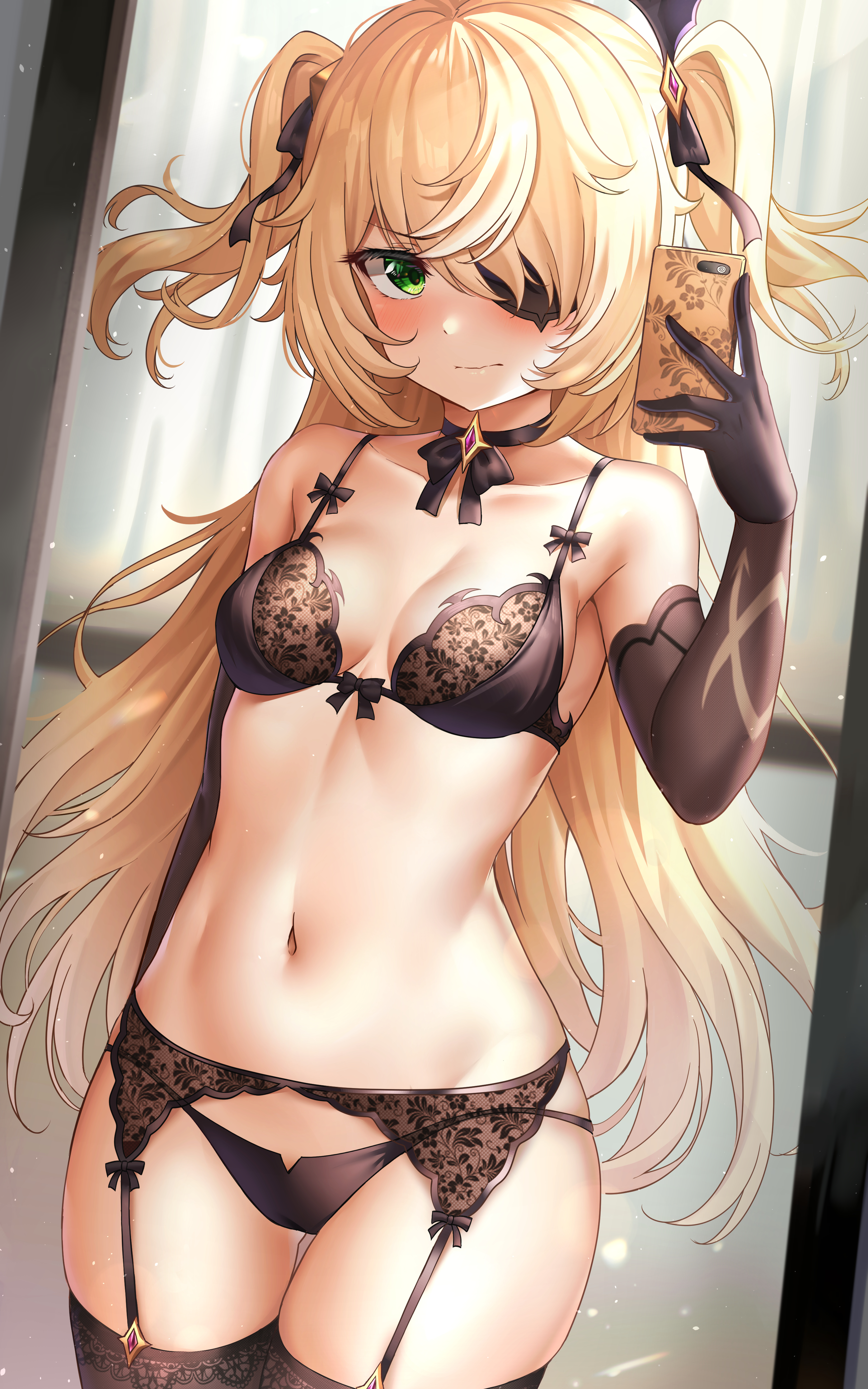 1girls, black bra, black legwear, black panties, black thighhighs, blonde hair, blush, bra, breasts, choker, clothing, embarrassed, eyepatch, female, fischl (genshin impact), garter belt, garter straps, genshin impact, gloves, goth, green eyes, hair, lingerie, long hair, matching underwear, navel, panties, phone, princess, selfie, small breasts, sunhyun, thighhighs, twintails, underwear, young