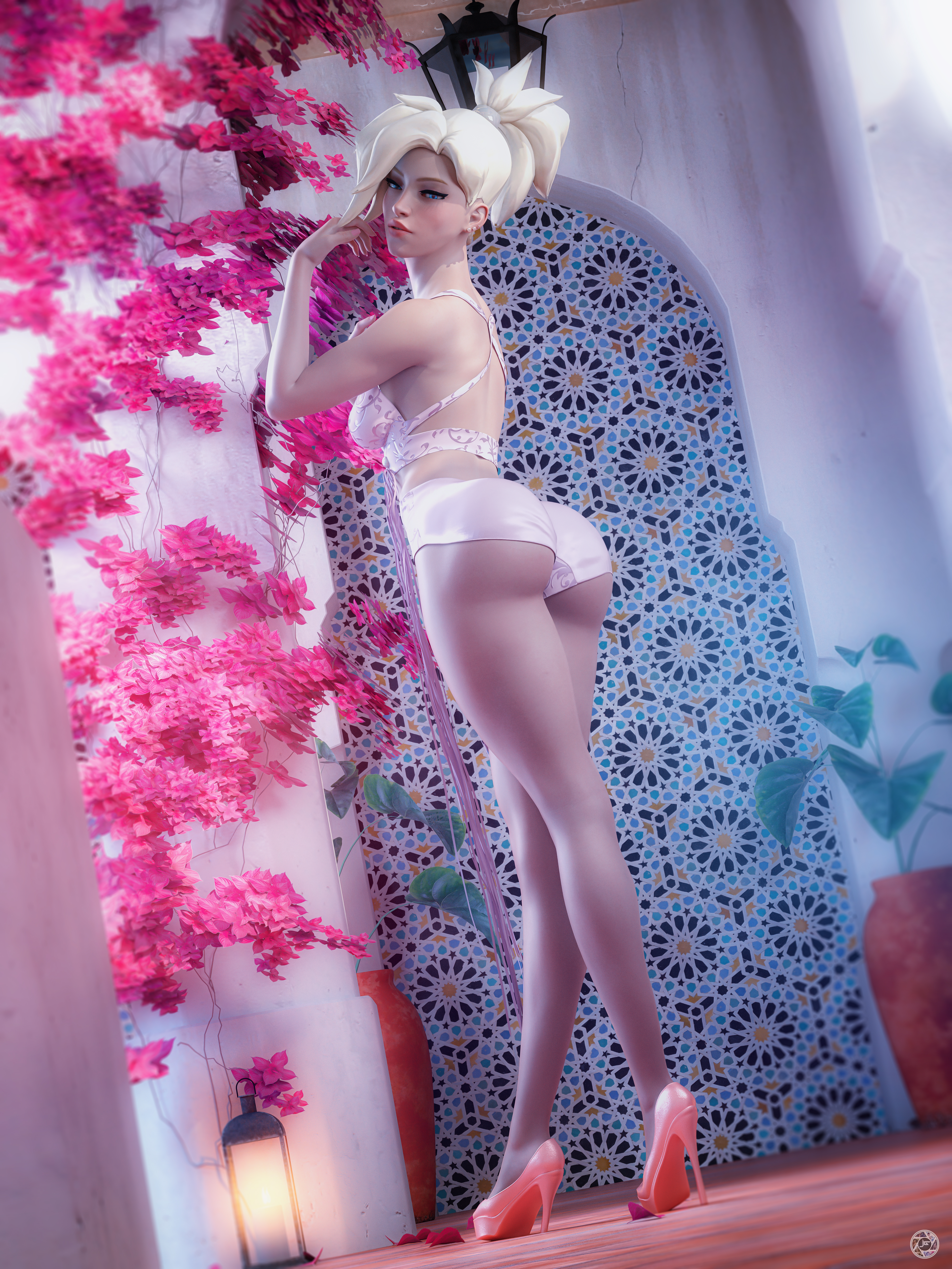1girls, 3d, 3d (artwork), ass, big ass, big breasts, blizzard entertainment, blonde, blonde hair, blue eyes, breasts, female, high heels, lingerie, long nails, looking at viewer, mercy, nail polish, noahgraphicz, overwatch, seductive, solo, toned, toned female