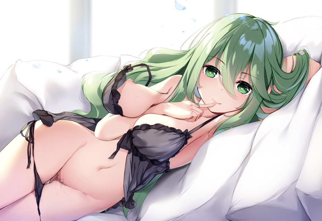 373012201 arm_behind_head arm_between_breasts armpits ass_visible_through_thighs babydoll bangs between_breasts black_babydoll black_panties bow breasts censored commentary_request date_a_live eyebrows_visible_through_hair female finger_to_mouth frills green_eyes green_hair hair_between_eyes heart heart-shaped_pupils kyouno_natsumi kyouno_natsumi_(adult) long_hair looking_at_viewer lying medium_breasts mosaic_censoring navel nipples on_bed on_side one_breast_out panties panty_pull petals pixiv pussy_juice shiny shiny_hair side-tie_panties smile solo stomach strap_slip symbol-shaped_pupils underwear