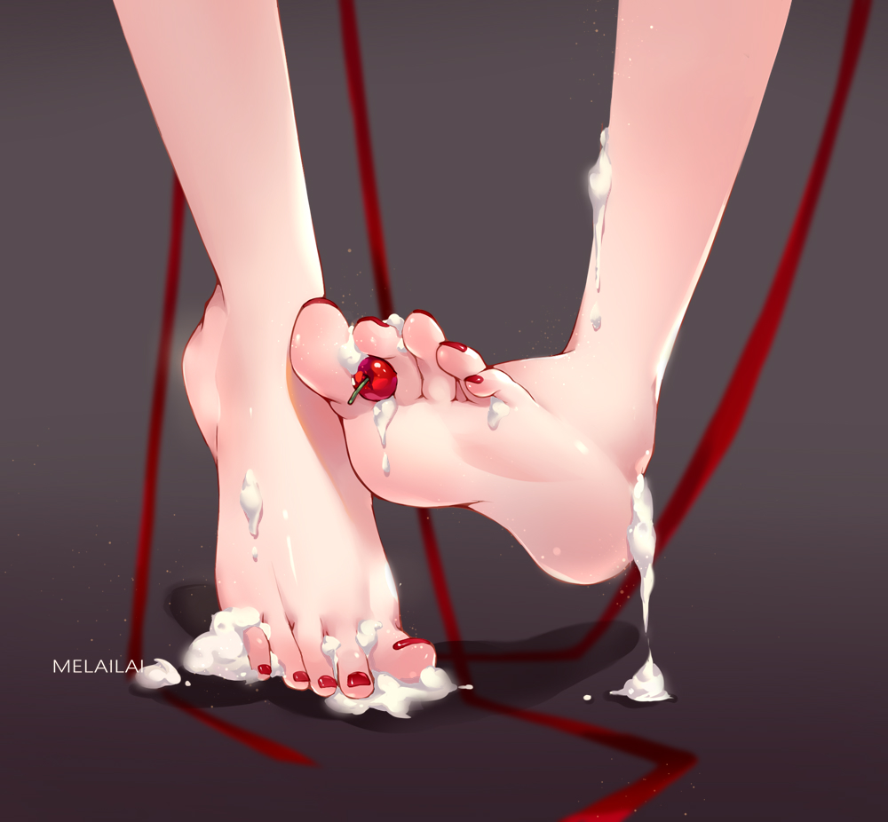 1girls barefoot cherry close-up feet female female_only food foot_focus melailai no_face pov_feet red_toenails ribbon simple_background soles solo toenail_polish toenails toes whipped_cream