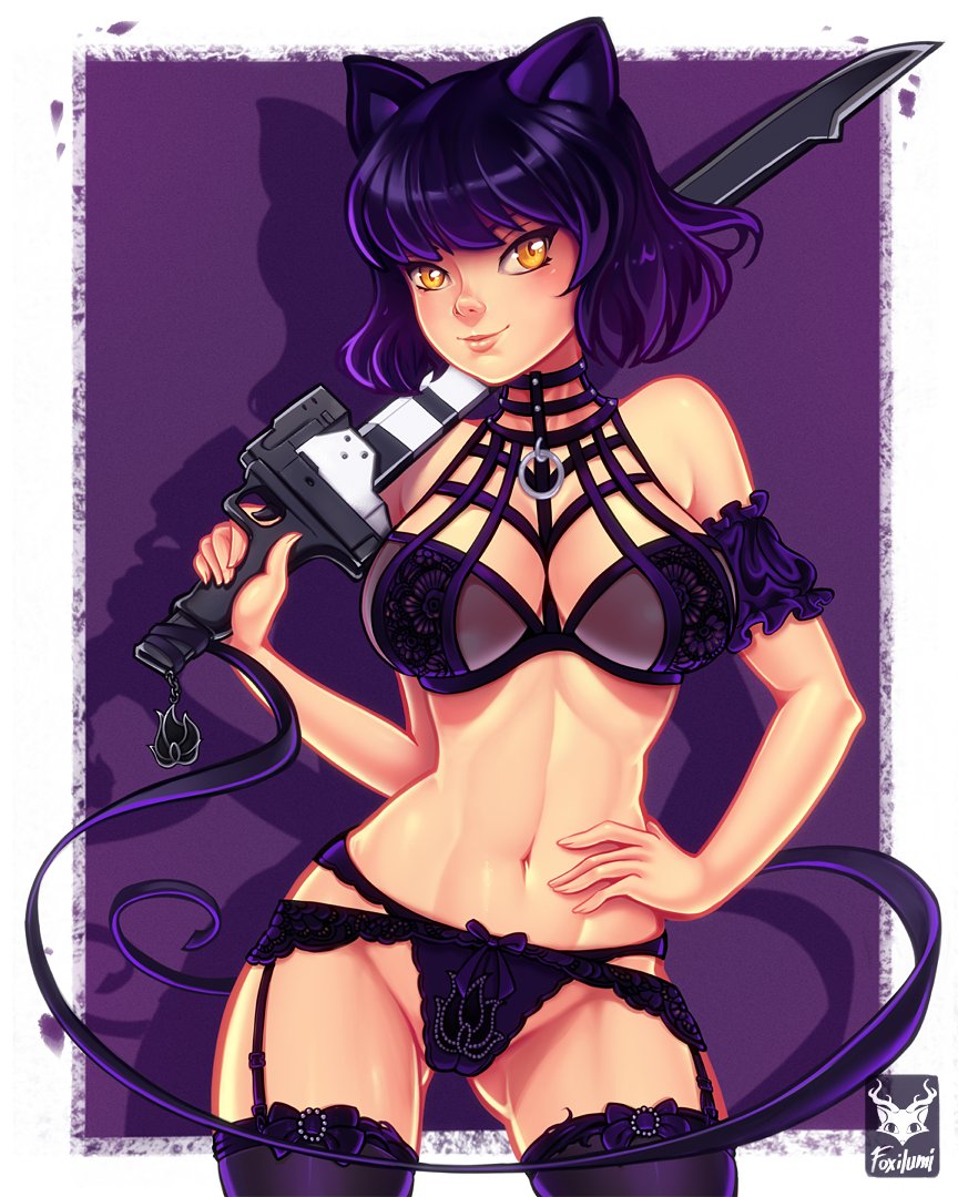 1girls animal_ears armband bangs blake_belladonna breasts cameltoe female foxilumi garter_belt hand_on_hip holding_object lingerie looking_at_viewer navel pinup purple_hair rwby short_hair simple_background smile solo solo_focus standing sword yellow_eyes