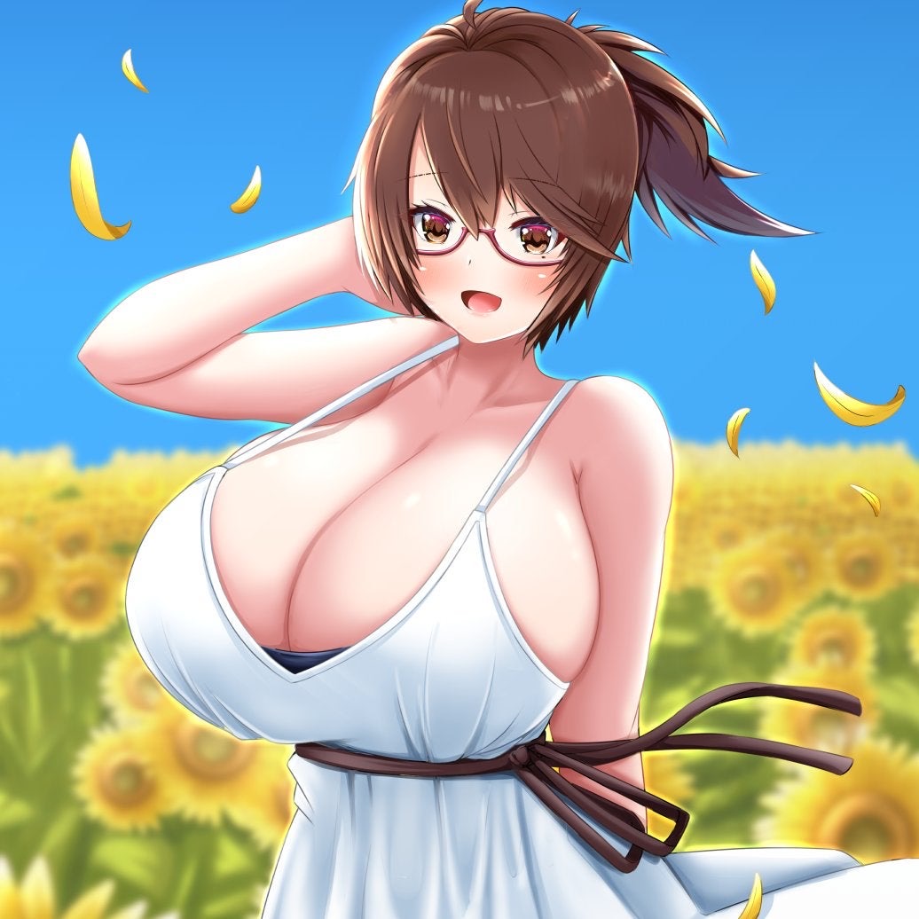 1girls, asian, asian female, big breasts, blush, breasts, brown hair, female, female only, flower, flower field, glasses, huge breasts, large breasts, looking at viewer, mameneko, minami rina, open mouth, original, original character, solo, top heavy