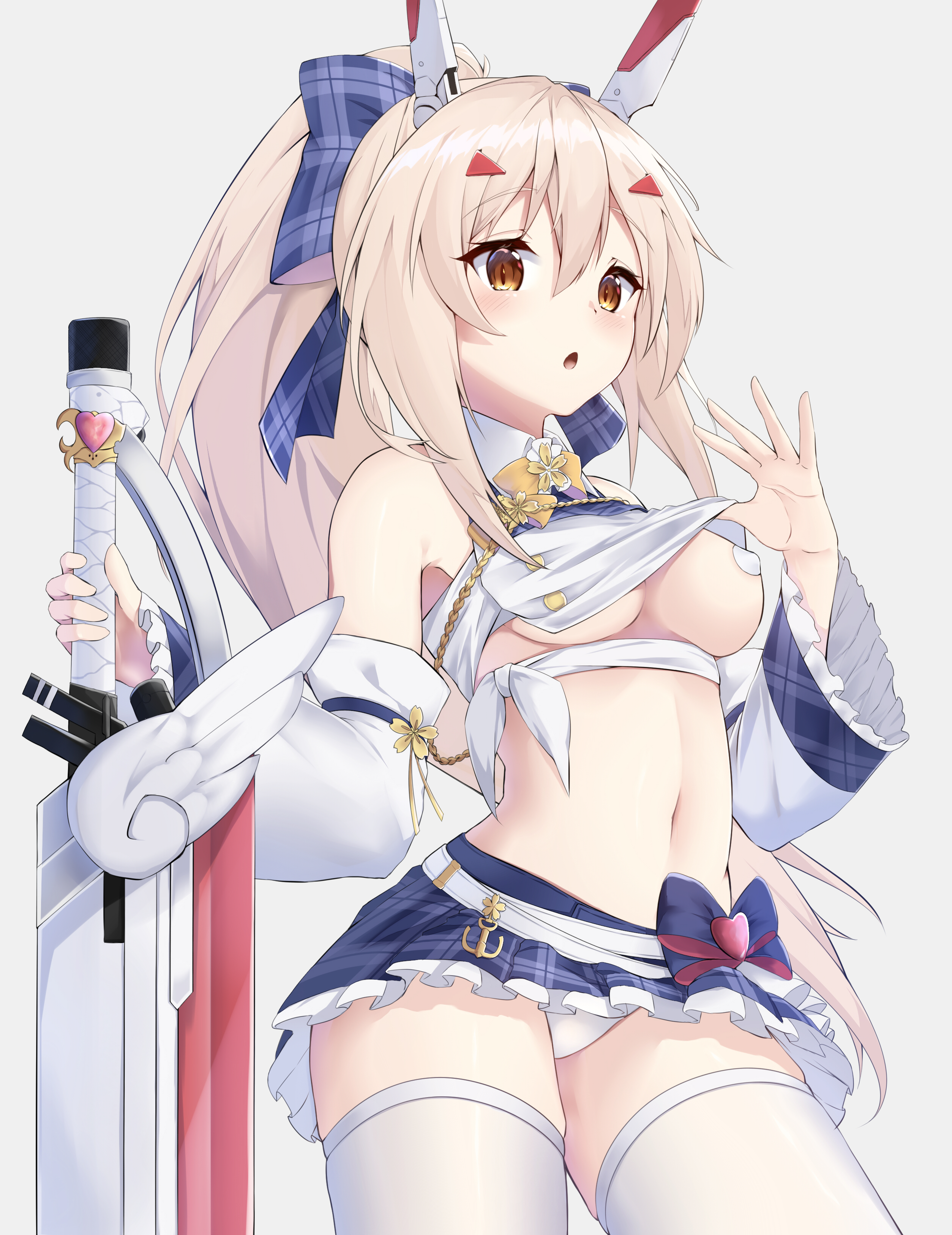 ayanami (azur lane), ayanami (troubled star idol) (azur lane), azur lane, bare shoulders, belt, blonde hair, blue skirt, bow, breasts, cleavage, collared shirt, cowboy shot, crop top, detached sleeves, female, frills, hair ornament, hairbow, high resolution, holding, holding sword, holding weapon, long hair, long sleeves, looking at viewer, medium breasts, microskirt, midriff, navel, orange eyes, pantsu, parted lips, pasties, pleated skirt, ponta (velmar), ponytail, shirt, shirt lift, skirt, solo, stomach, sword, thighhighs, thighs, tied hair, underwear, very high resolution, very long hair, weapon, white legwear, white panties, white shirt, white underwear, wide sleeves
