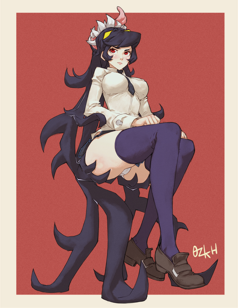 1girls, 2020, 2d, 2d (artwork), angry, artist name, ass, ass grab, blue socks, blush, cameltoe, clothed, clothed female, female, filia (skullgirls), hairband, human, looking away, looking up, monster, necktie, no sex, ozkh, panties, pantyshot, pinup, pose, pubic hair, purple legwear, pussy, questionable, realistic proportions, red background, red eyes, samson (skullgirls), simple background, sitting, skirt, skullgirls, socks, solo, solo female, solo focus, teenager, thigh socks, thighhighs, upskirt, very long hair, video game character, white border, white panties