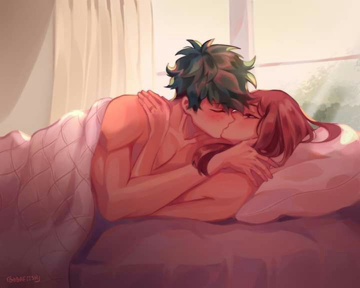 1boy 1girls bed blush bobafiish brown_hair caressing_hair closed_eyes cuddling green_hair hugging izuku_midoriya kissing looking_at_another looking_at_partner looking_up love male/female male_on_female my_hero_academia naked naked_female naked_male nude nude_female nude_male ochako_uraraka on_bed on_top passionate romantic romantic_couple satisfied straight teenage_boy teenage_couple tender under_covers wholesome