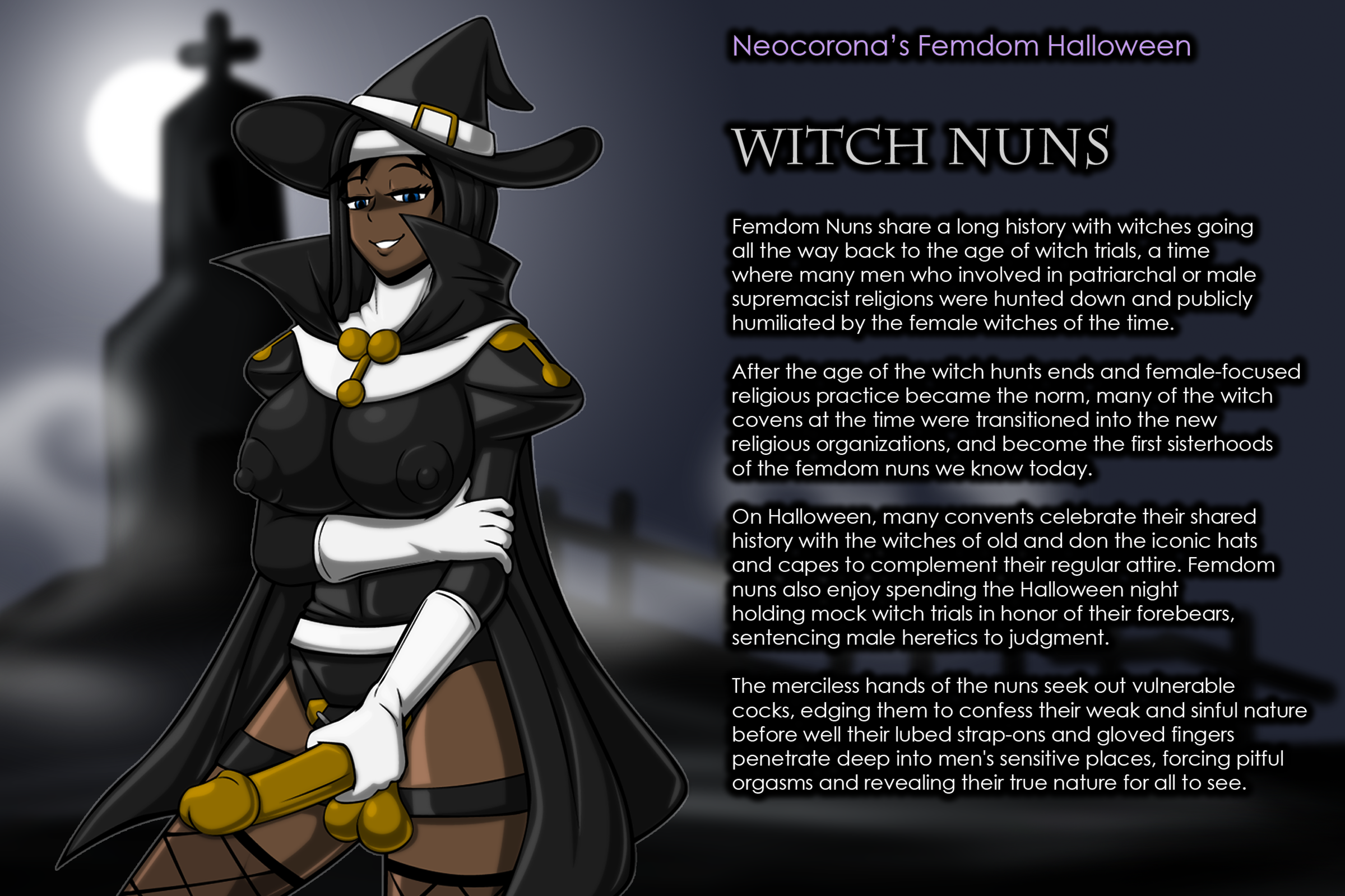 1girls, blue eyes, cape, dark hair, dark skin, dark-skinned female, dildo, english text, female, female only, femdom, femdom caption, fishnets, gloves, habit, halloween, halloween costume, neocorona, nun, solo, solo female, strap-on, strapon, tagme, text focus, thighhighs, witch, witch costume, witch hat