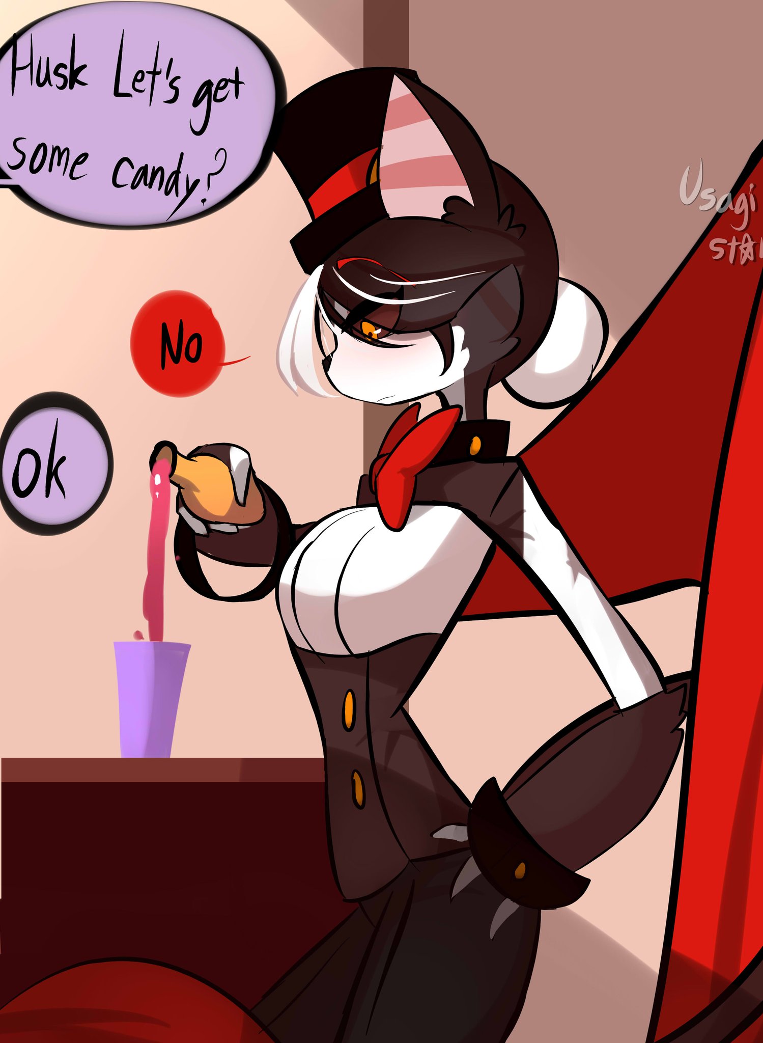 1girls, anthro, ass, big ass, big breasts, blush, breasts, cat, cat girl, claws, clothing, demon, demon girl, drink, feline, female, female husk, fluffy, hazbin hotel, husk (hazbin hotel), looking down, mammal, nipples, pawpads, rule 63, straight hair, text, top hat, usagi star, vivienne medrano, wings