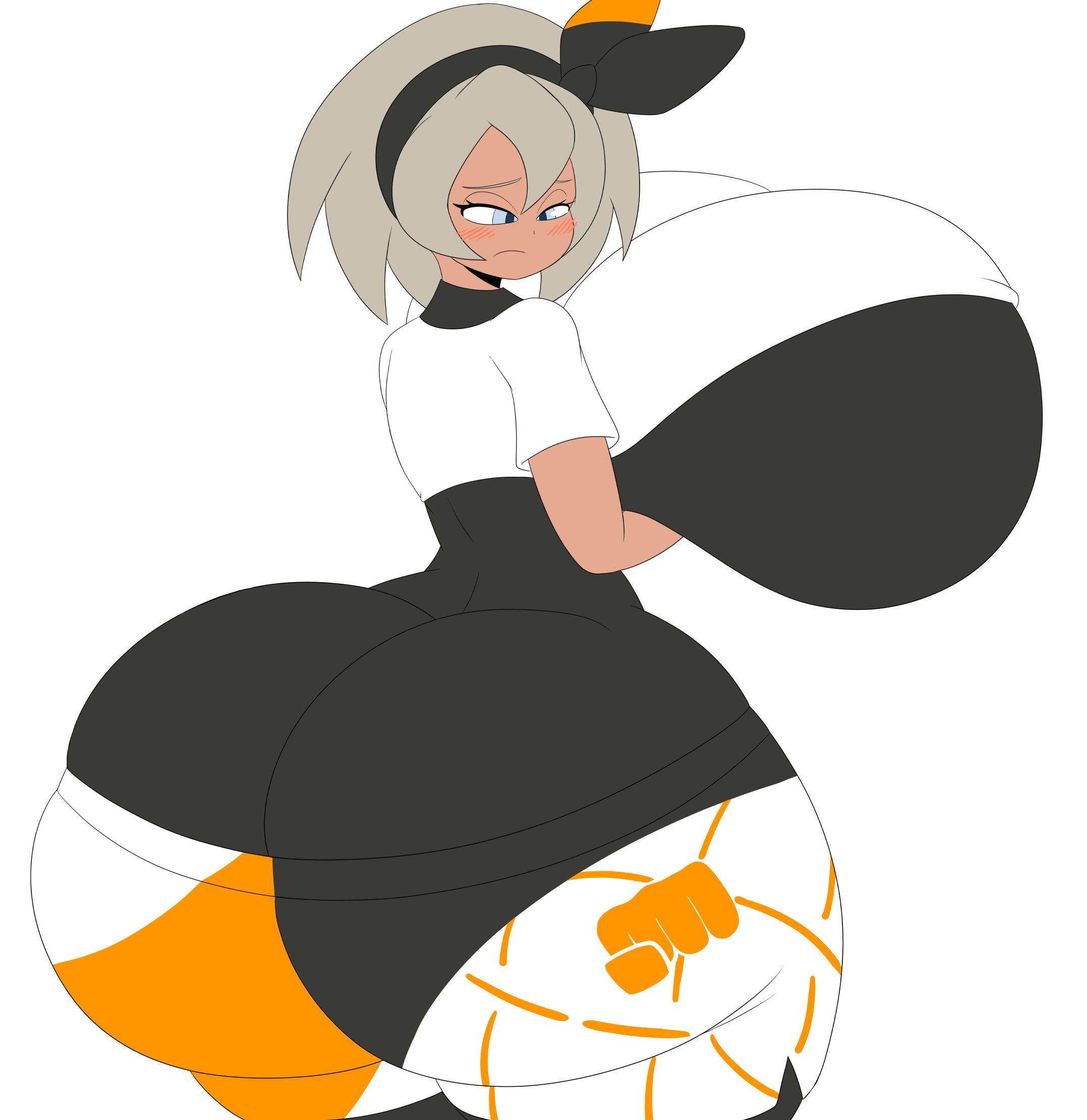 1girls, alternate ass size, alternate body type, alternate breast size, ass, ass cleavage, ass crack, bea (pokemon), big ass, bodysuit, breast hold, breasts, breasts bigger than head, butt crack, dark skin, dark-skinned female, embarrassed, enormous ass, female, gigantic ass, grey hair, hair between eyes, hairband, huge ass, human, hyper, hyper ass, hyper breasts, massive ass, mechspazer, nintendo, pokemon, pokemon ss, short hair, shorts, skin tight, thick thighs, tight clothing, white background