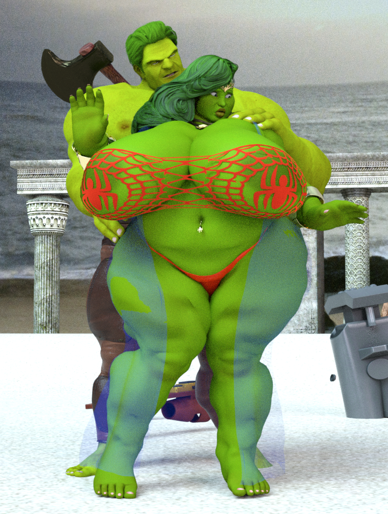 1boy 1girls 3d bbw belly belly_button belly_dancer_outfit breasts_bigger_than_head fat female genderswap huge_breasts hulk hulk_(series) hyper hyper_ass hyper_breasts larger_male male marvel marvel_comics overweight peter_parker planet_hulk saturnxart she_hulkress slightly_chubby smaller_female straight