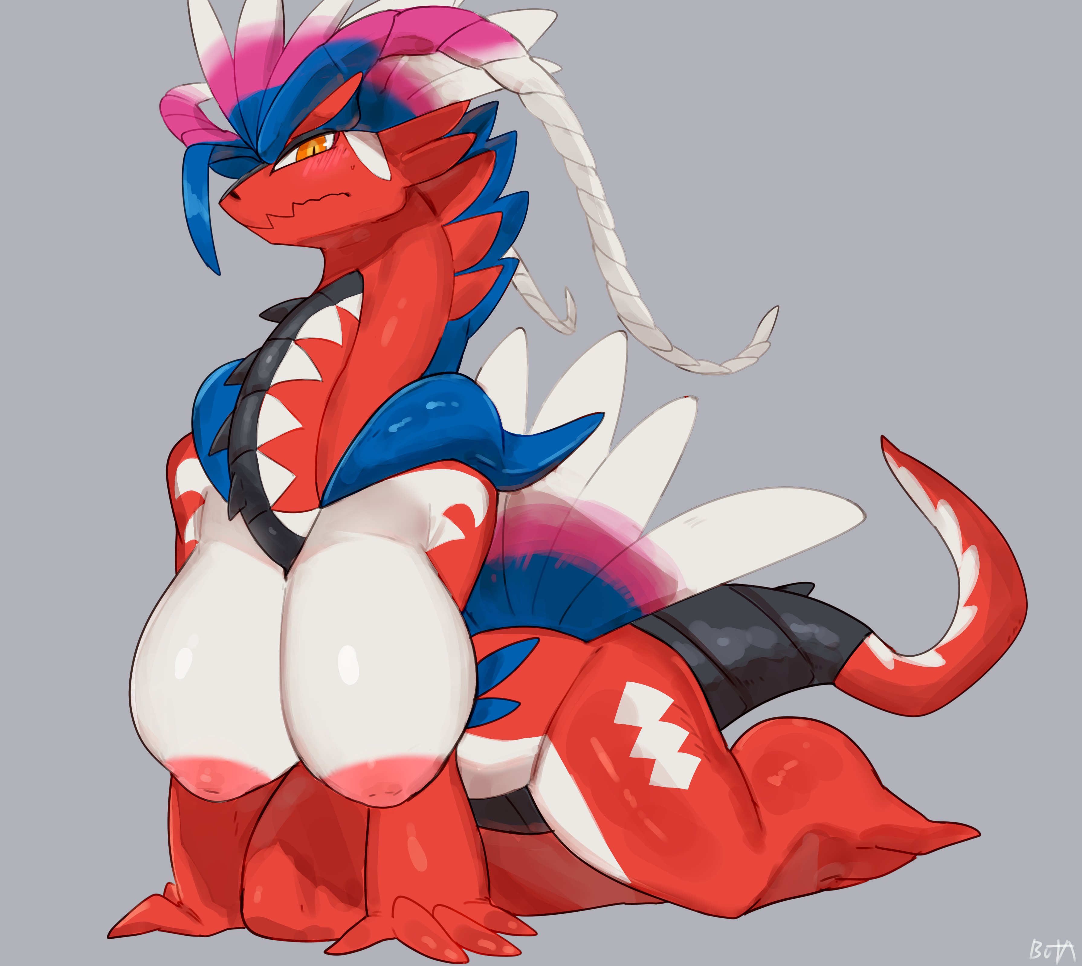 1girls, absurd res, all fours, areolae, big breasts, blush, breasts, buta99, female, female only, female pokemon, grey background, inverted nipples, koraidon, looking at viewer, nintendo, pokémon (species), pokemon, pokemon (species), pokemon sv, pokemorph, solo, solo female, wavy mouth