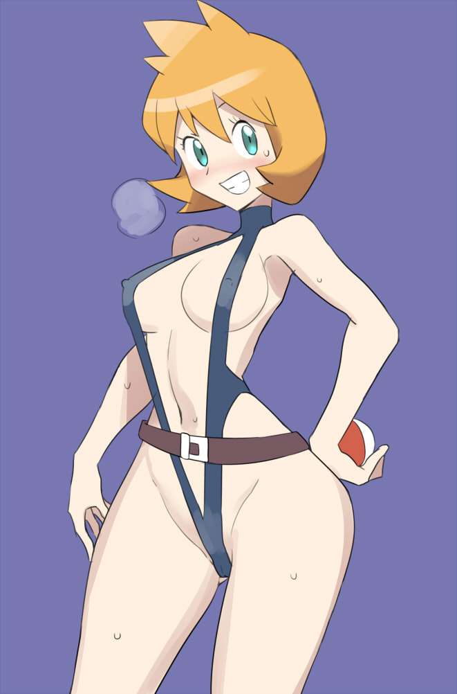 1girls bikini blush breasts female female_only green_eyes gym_leader kasumi_(pokemon) legs misty_(pokemon_hgss) nintendo orange_hair pokeball pokemon pokemon_gsc pokemon_hgss solo sweat sweatdrop thick thighs ukimukai