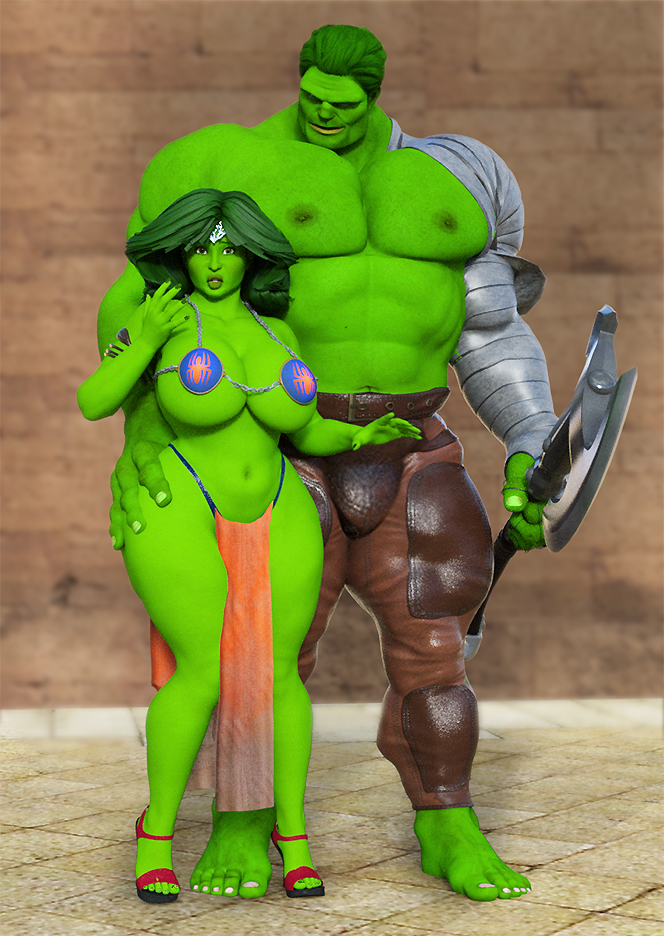 1boy 1girls 3d breasts_bigger_than_head female genderswap green-skinned_female green-skinned_male green_skin huge_breasts hulk hulk_(series) larger_male male marvel marvel_comics peter_parker planet_hulk saturnxart she_hulkress smaller_female straight weapon