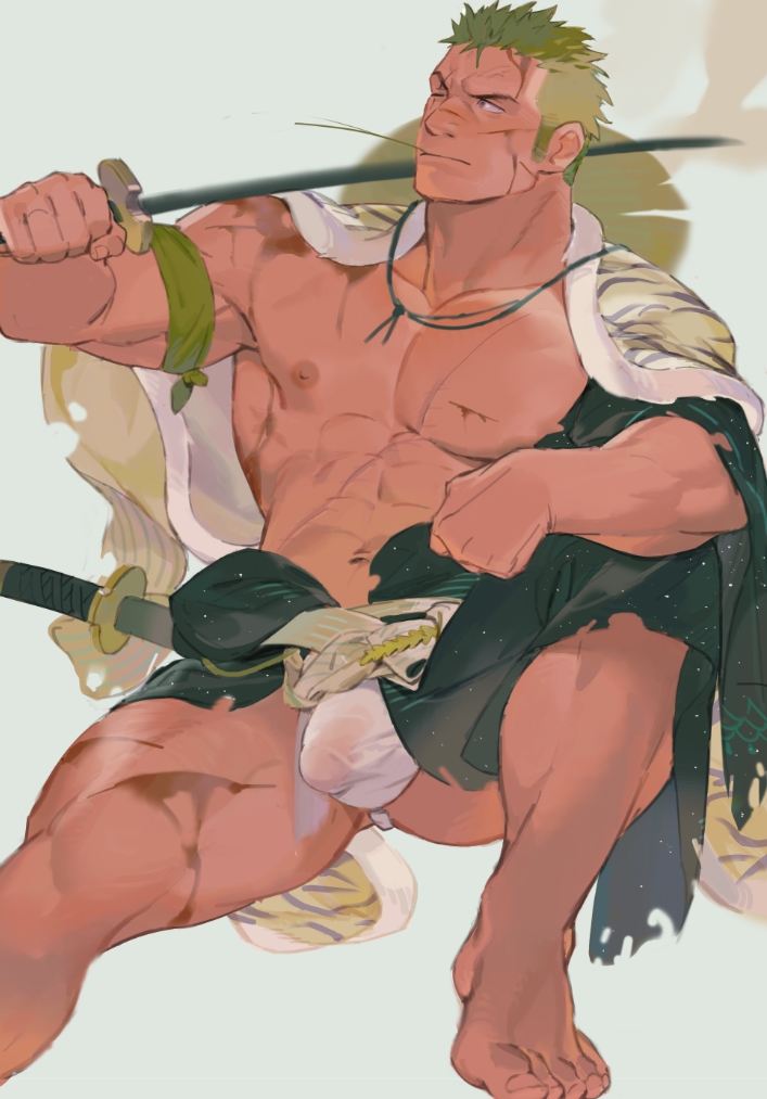 1boy atcesolcyc bara biceps big_brother bulge bulge_through_clothing calves daddy dilf feet male male_only mature_male muscles muscular_male one_piece open_clothes open_legs open_shirt pecs roronoa_zoro scars scars_on_face scars_on_thighs sitting spread_legs sword thick_legs thick_thighs thong_underwear uncle zaddy