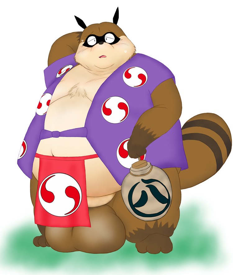 2011 anthro asian_clothing balls belly big_balls blush brown_body brown_fur canid canine clothing doguma-sin east_asian_clothing fundoshi fur genitals hachiemon inuyasha japanese_clothing male mammal obese overweight overweight_male raccoon_dog solo tanuki underwear