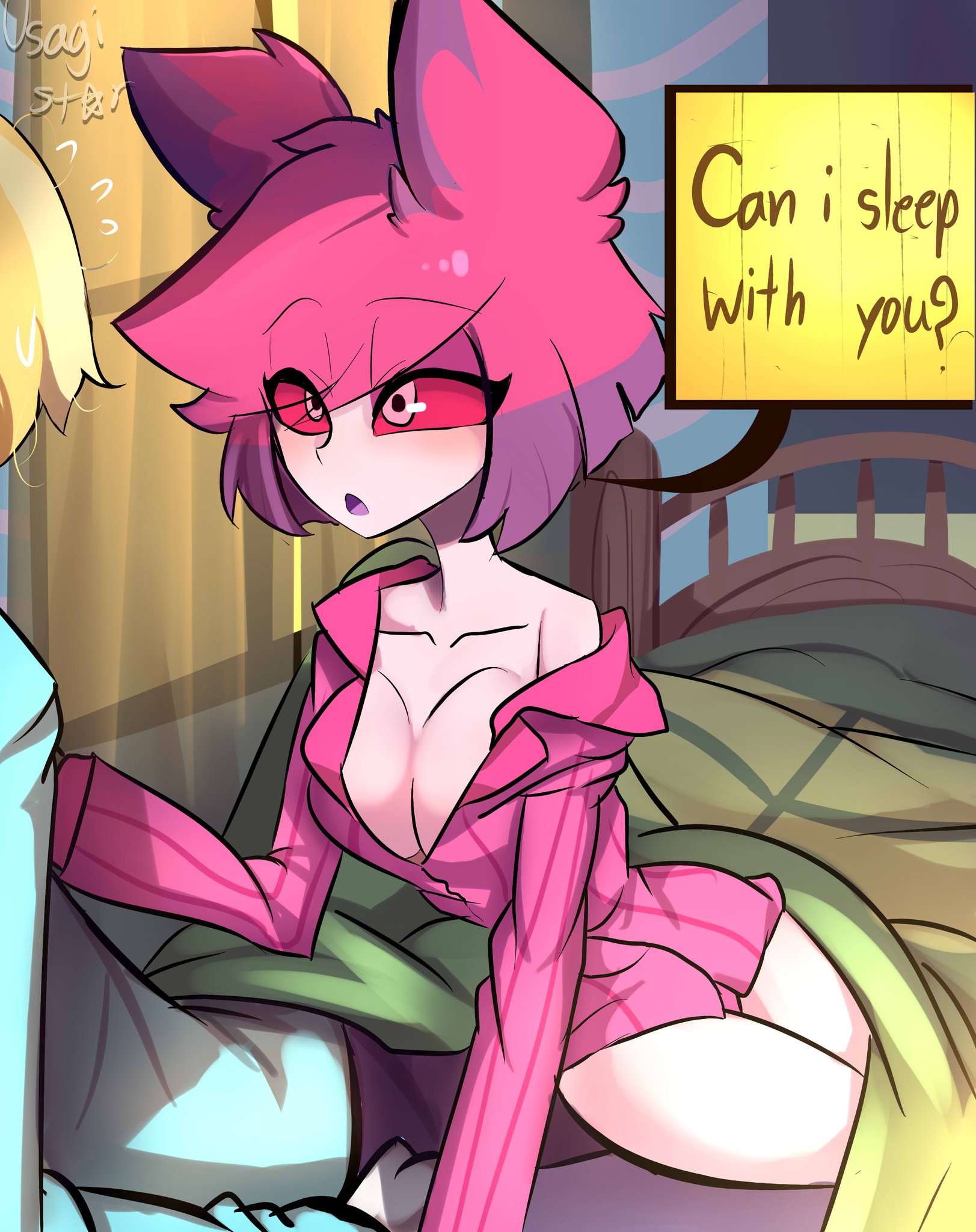 1boy, 1girls, alastor (hazbin hotel), ass, bed, bedroom, big ass, big breasts, blush, breasts, charlie morningstar (hazbin hotel), clothing, cute, demon, demon girl, female, female alastor, fluffy, genderswap, genderswap (ftm), genderswap (mtf), hazbin hotel, looking at another, looking at viewer, male, nipples, open mouth, red eyes, red sclera, rule 63, straight hair, sweat, teeth, tongue, unseen male face, usagi star, vivienne medrano