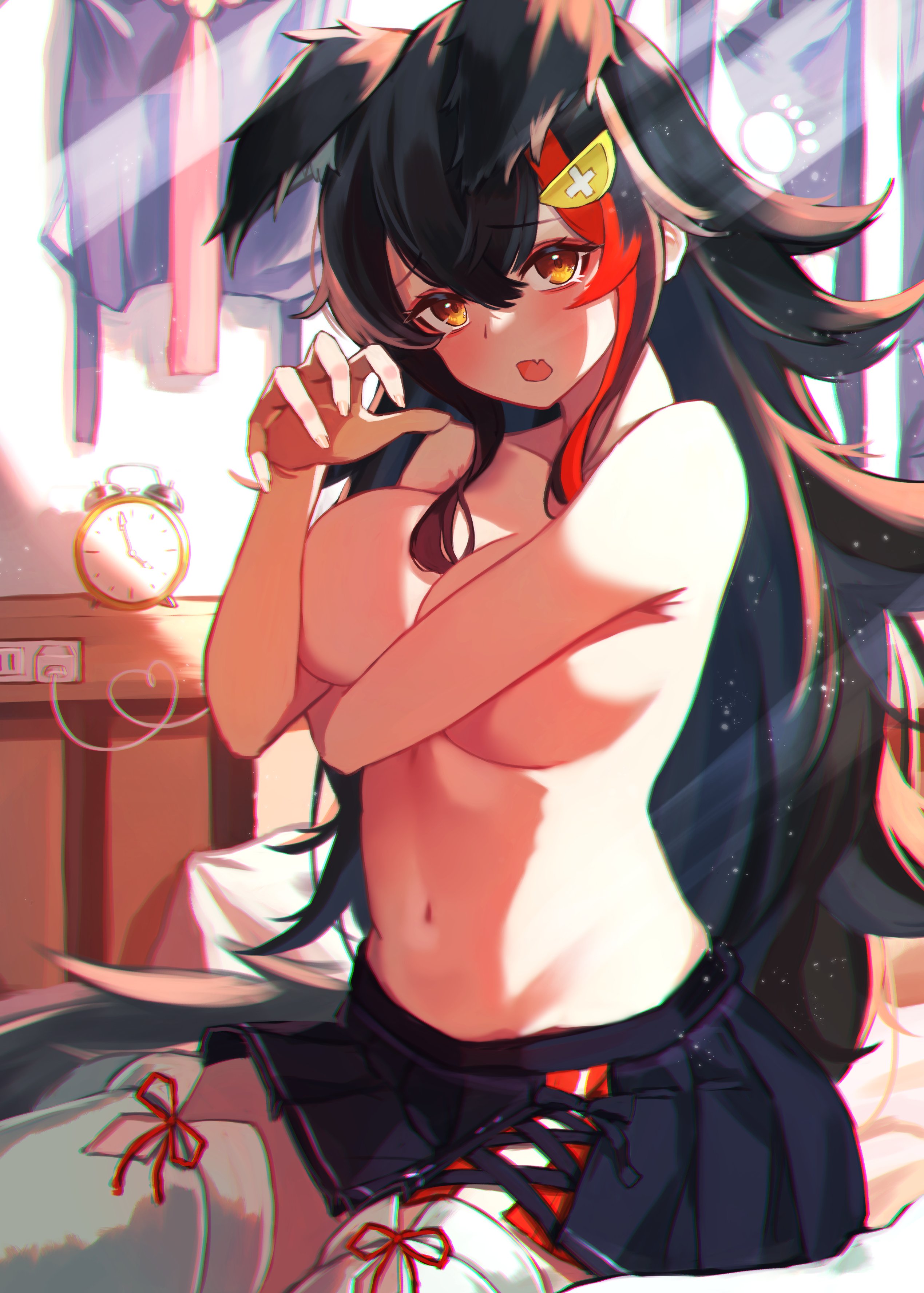 animal ear fluff, animal ears, bed, black hair, blush, breasts, covering breasts, fang, female, hololive, hololive gamers, hololive japan, kemonomimi, large breasts, multicolored hair, no bra, ookami mio, roco (rocoroco1115), skirt, streaked hair, virtual youtuber, wolf ears, wolf girl, wolf tail, yellow eyes