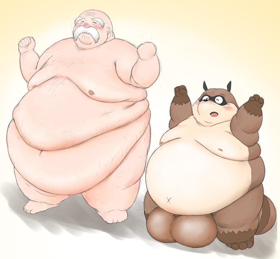 2014 anthro balls belly big_balls blush brown_body brown_fur canid canine closed_eyes doguma-sin duo facial_hair fur genitals hachiemon human humanoid_hands inuyasha kemono male mammal moobs morbidly_obese moustache nipples obese overweight overweight_male penis raccoon_dog tanuki