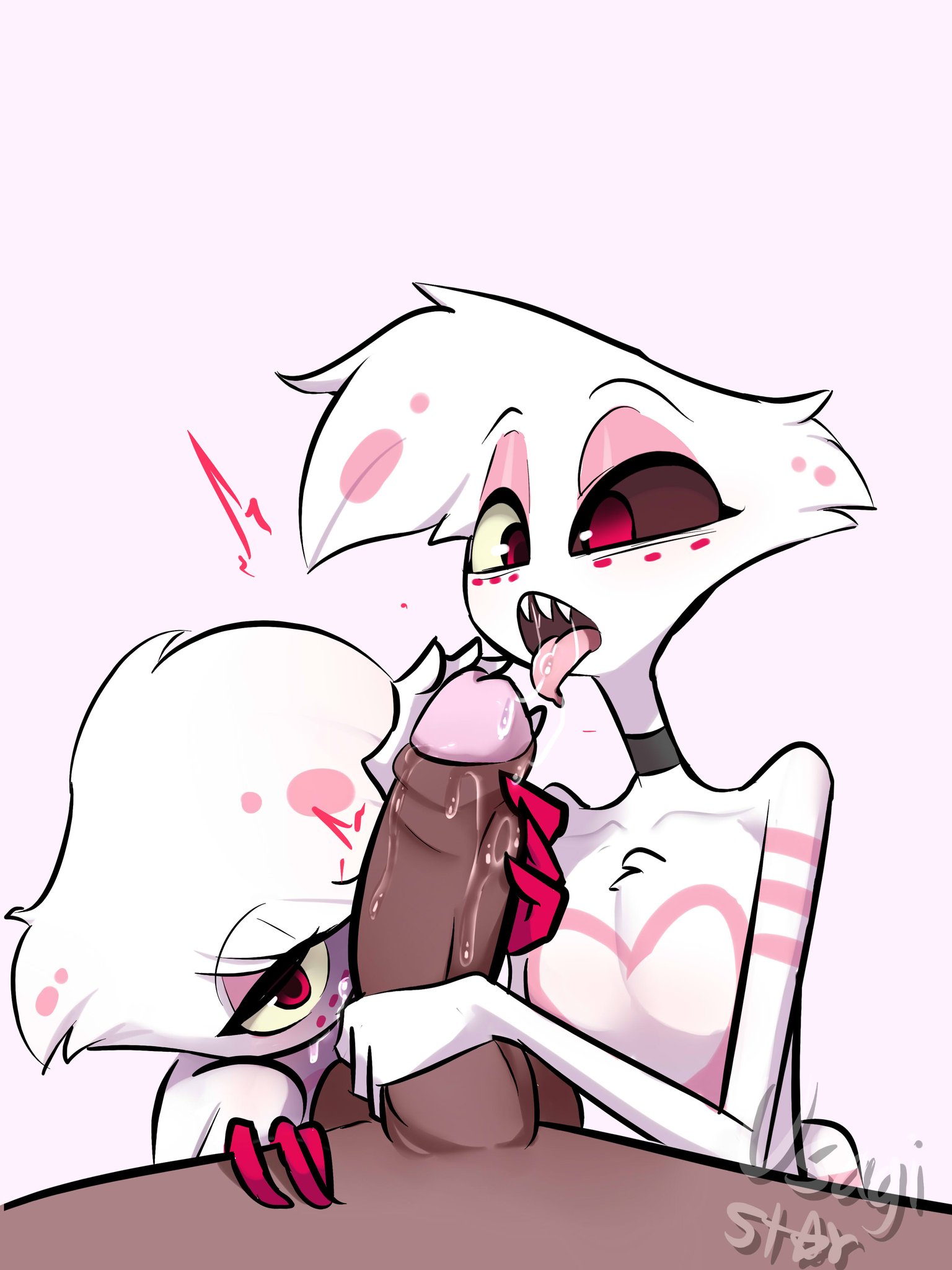 2boys, ambiguous gender, angel dust (hazbin hotel), arachnid, arthropod, ass, big ass, blush, cute, cute fang, demon, domination, drooling, fellatio, fluffy, gay, hazbin hotel, laying down, licking, looking at viewer, male, male only, naked, oral, penis, penis grab, precum, spider, sweat, teeth, threesome, tongue, tongue out, usagi star, vivienne medrano, white body, white fur