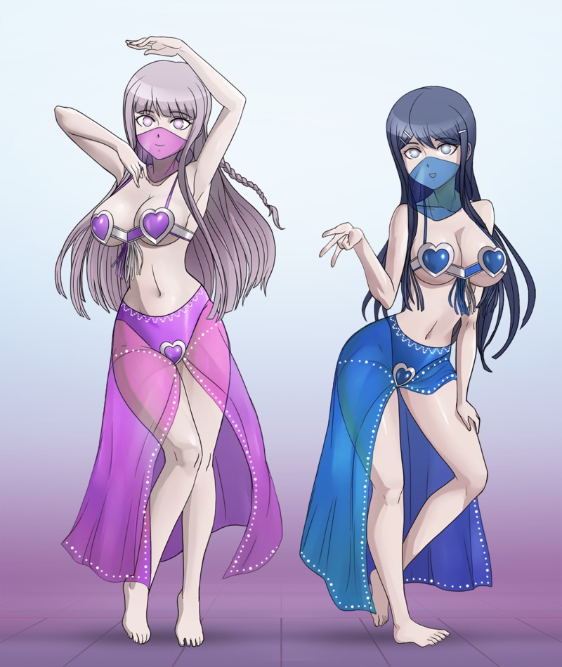 2girls dancer dancer_outfit dancing danganronpa empty_eyes female female_only happy_trance harem harem_outfit heart kirigiri_kyouko looking_at_viewer maizono_sayaka mind_control mouth_veil multiple_girls see-through_clothing shinzu031 skimpy skimpy_clothes smile smooth_skin trance transparent_clothing veil