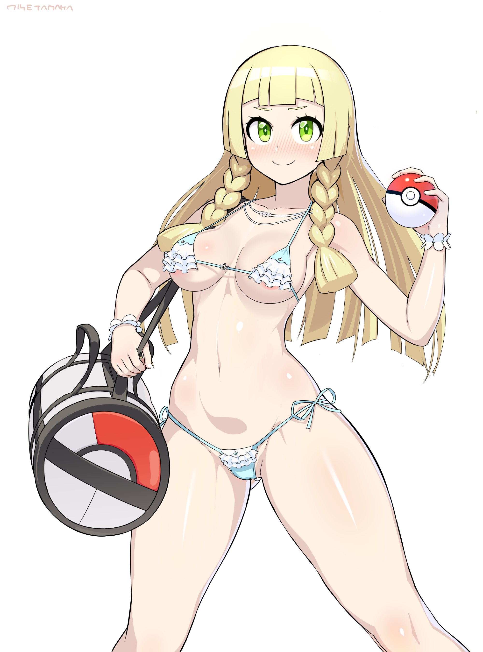 1girls, bag, big breasts, bikini, blonde hair, blush, blushing, bra, breasts, clothed, female, green eyes, lillie (pokemon), looking at viewer, nisetanaka, nisetanaqa, panties, pokeball, pokemon, pokemon sm, skimpy, skimpy clothes, smile, solo, swimsuit, tagme, underwear